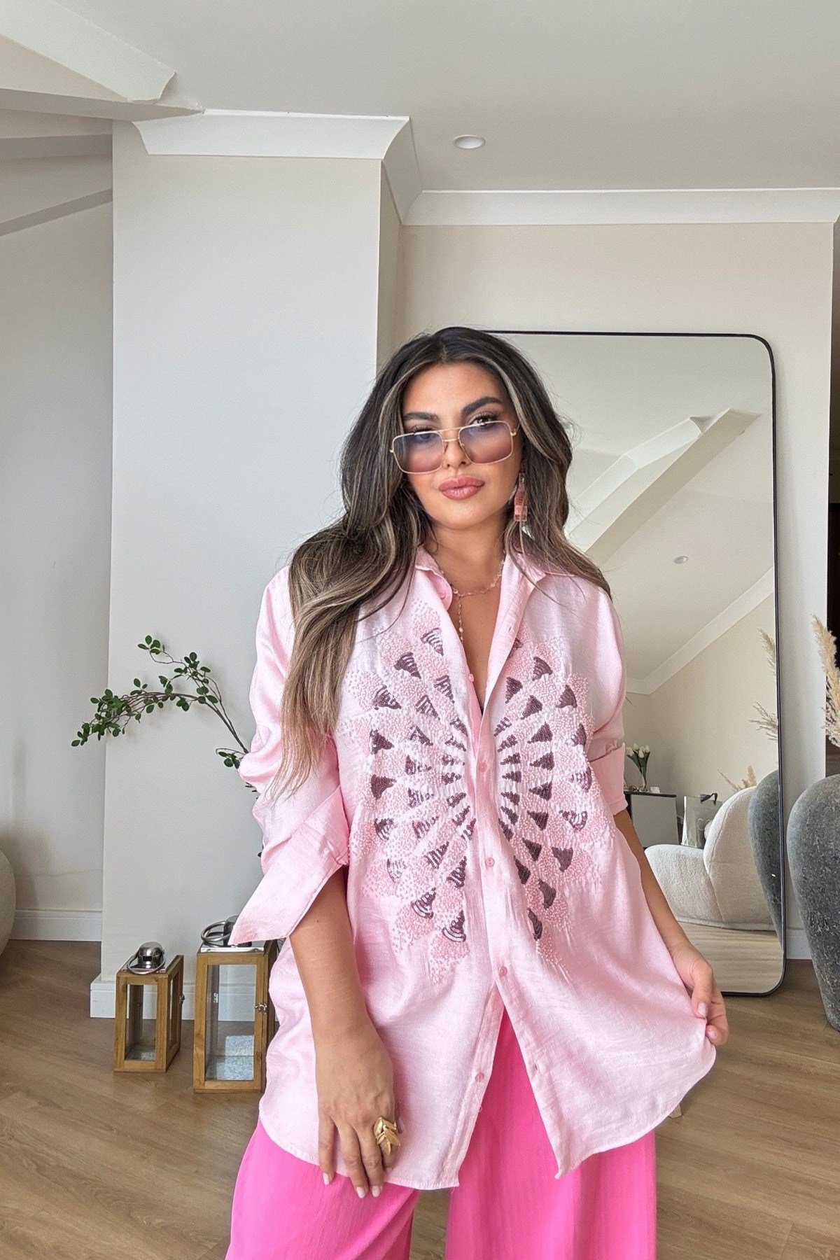 Keten Doku Boncuklu  Tavuskuşu Gömlek Pembe