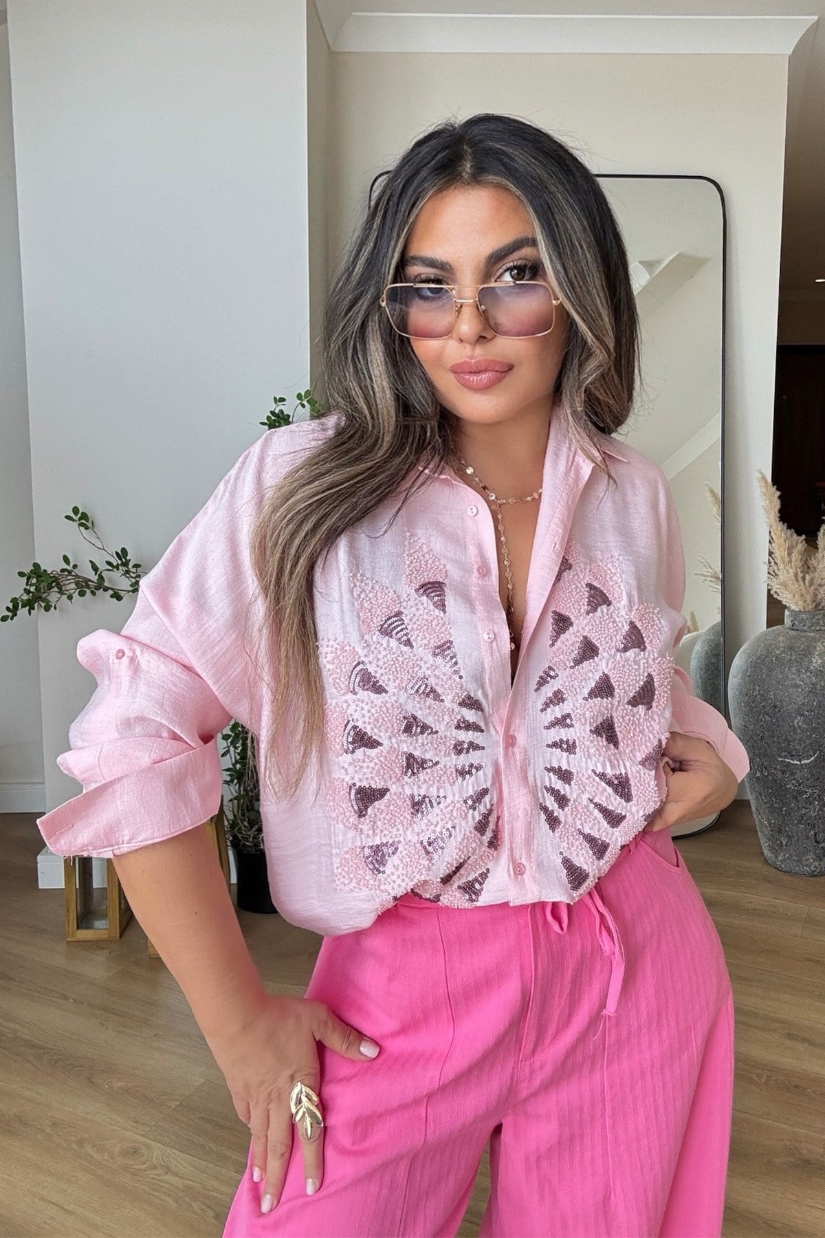 Keten Doku Boncuklu  Tavuskuşu Gömlek Pembe
