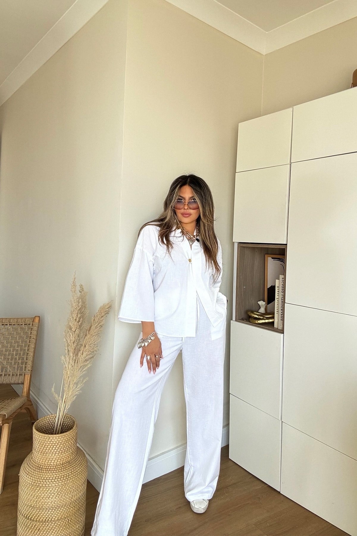 Keten Efekt Kimono Takım Beyaz