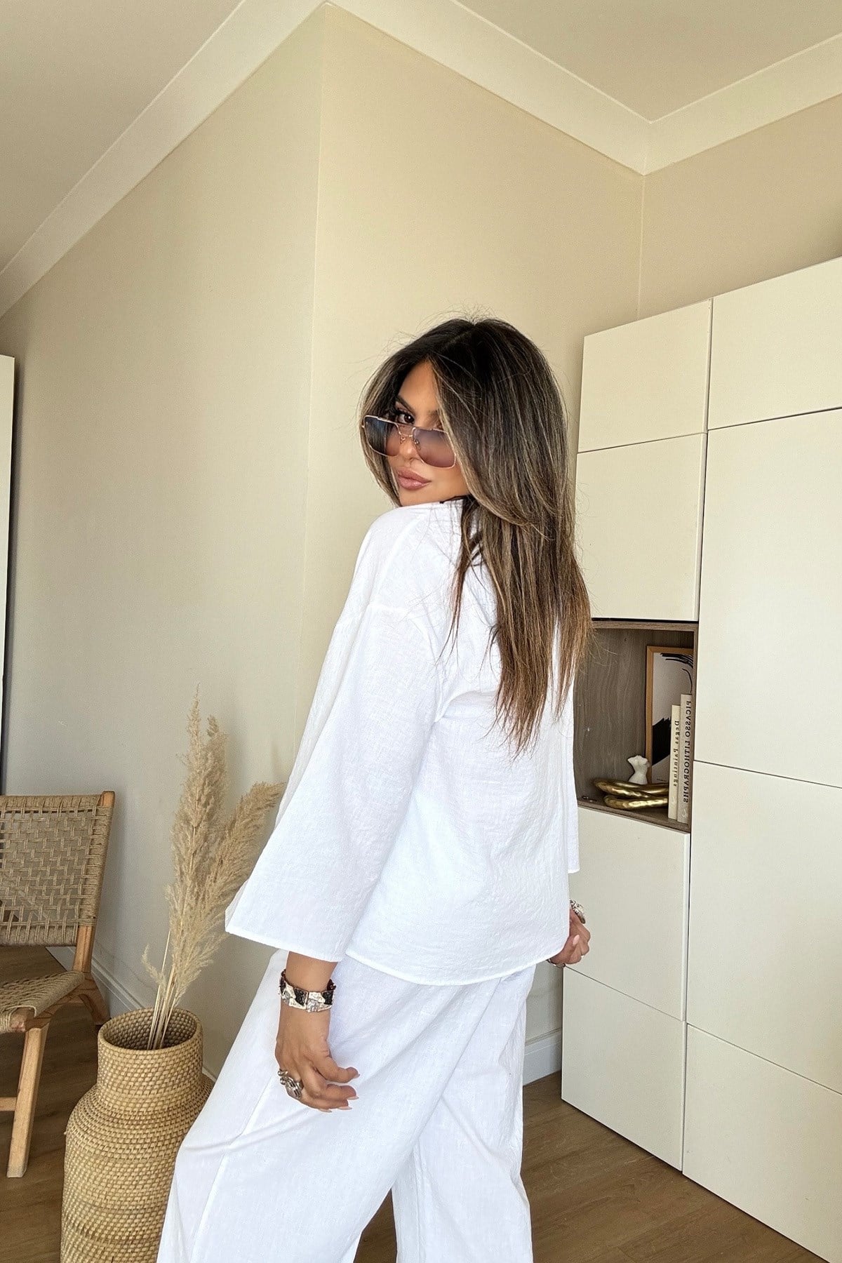 Keten Efekt Kimono Takım Beyaz