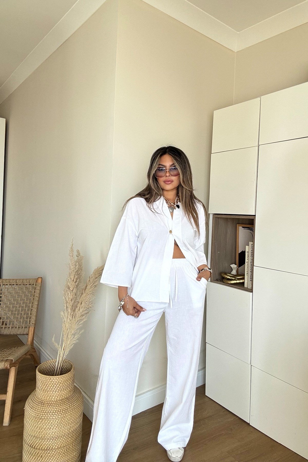 Keten Efekt Kimono Takım Beyaz