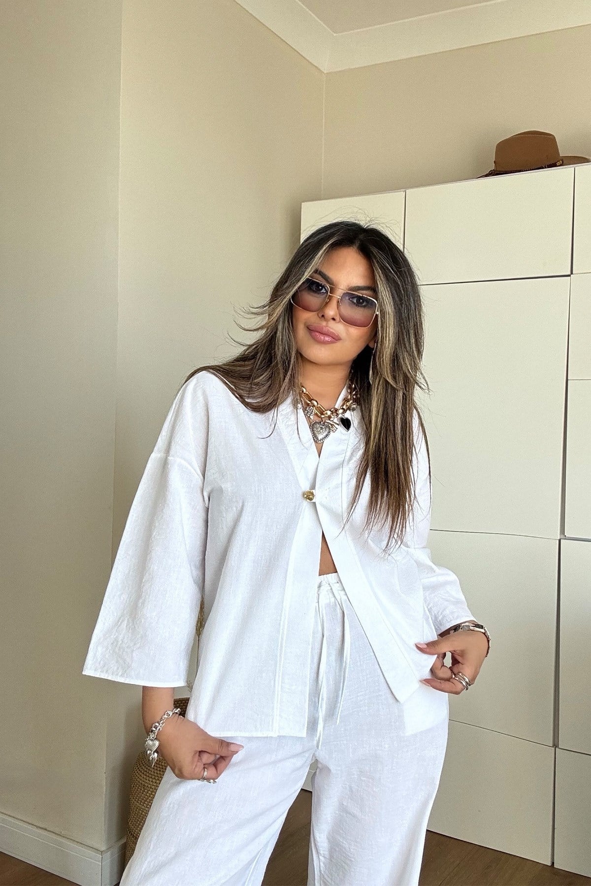 Keten Efekt Kimono Takım Beyaz