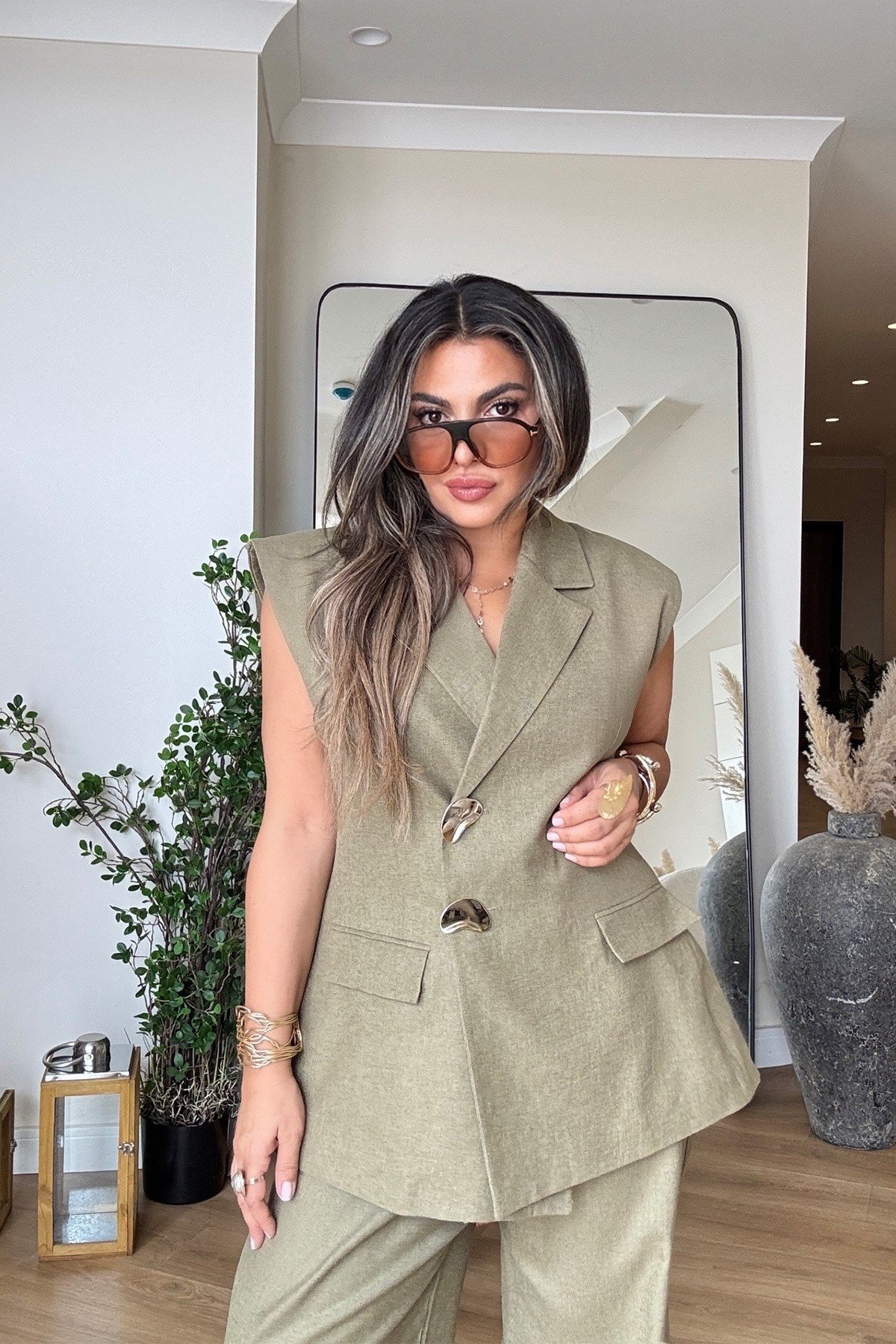 Keten Gold Düğmeli Blazer Yelekli Takım Haki
