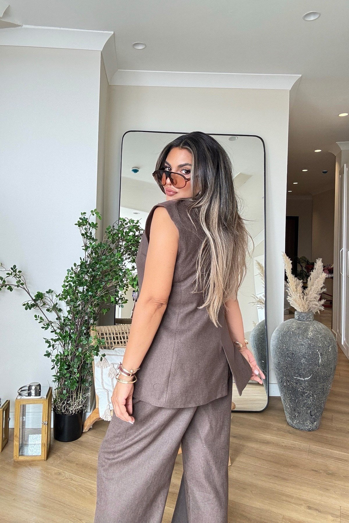 Keten Gold Düğmeli Blazer Yelekli Takım Kahve