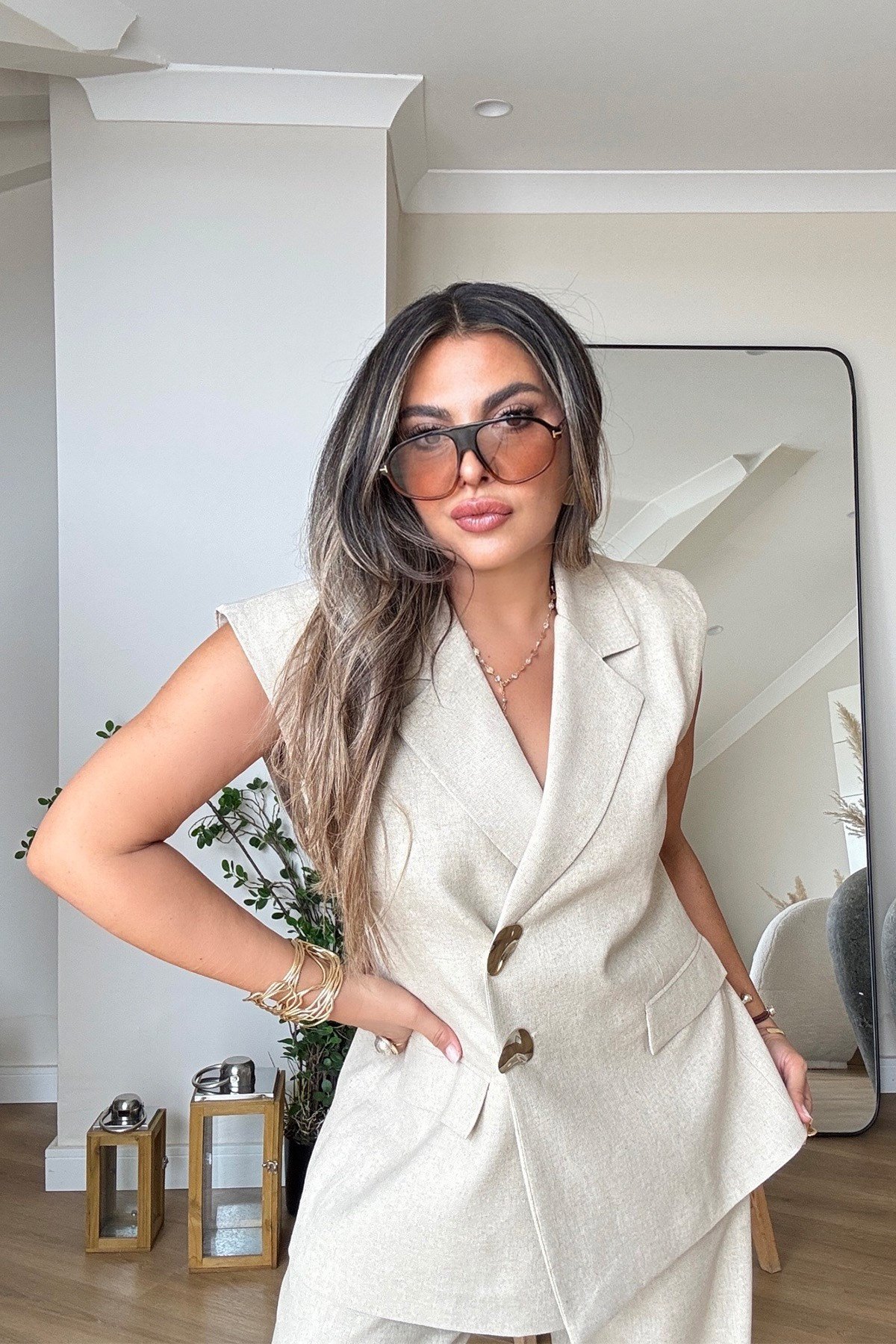 Keten Gold Düğmeli Blazer Yelekli Takım Taş