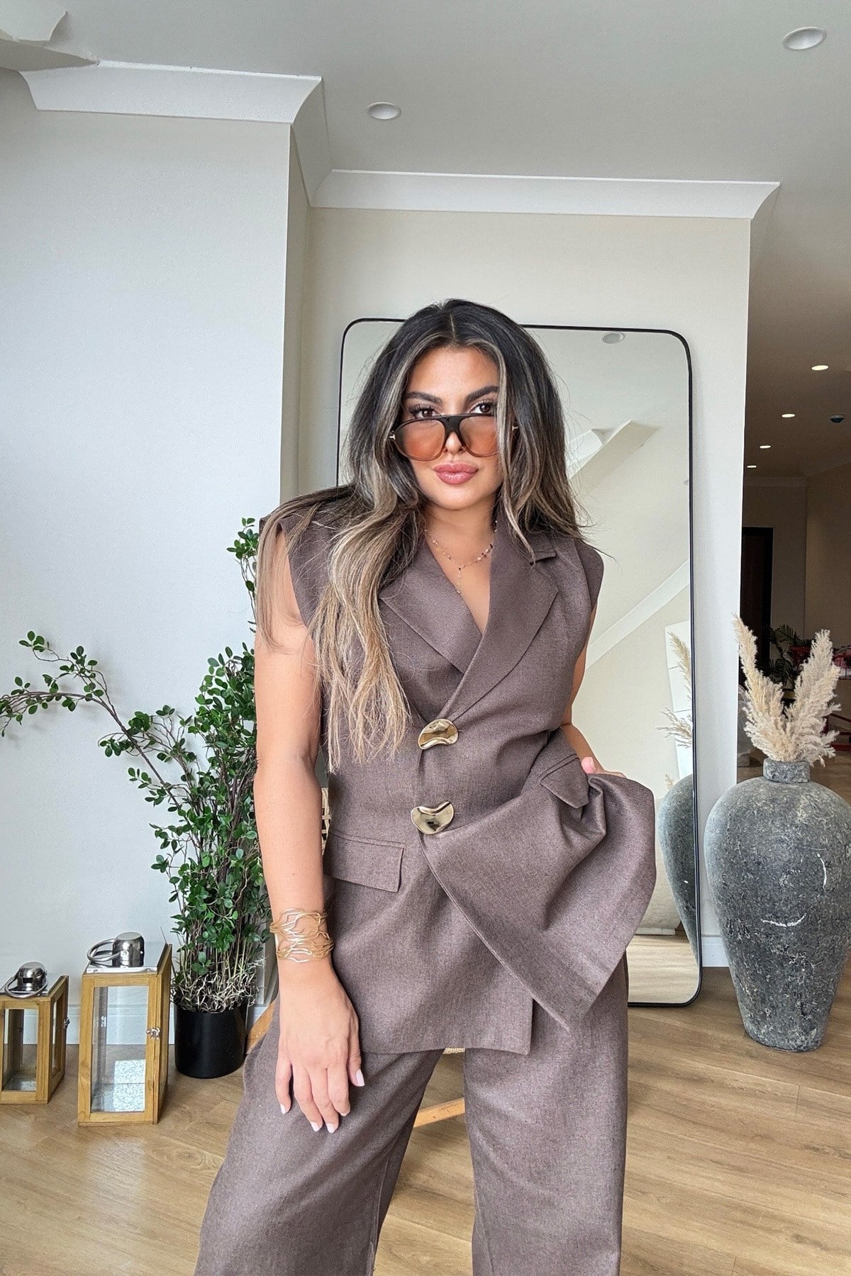 Keten Gold Düğmeli Blazer Yelekli Takım Kahve