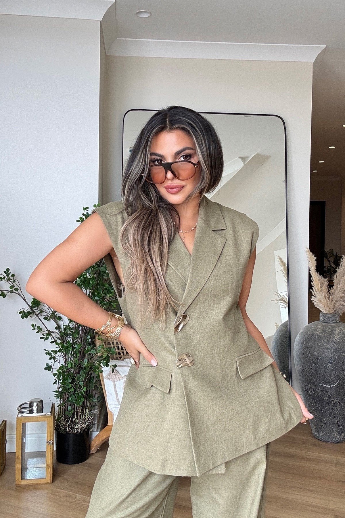 Keten Gold Düğmeli Blazer Yelekli Takım Haki