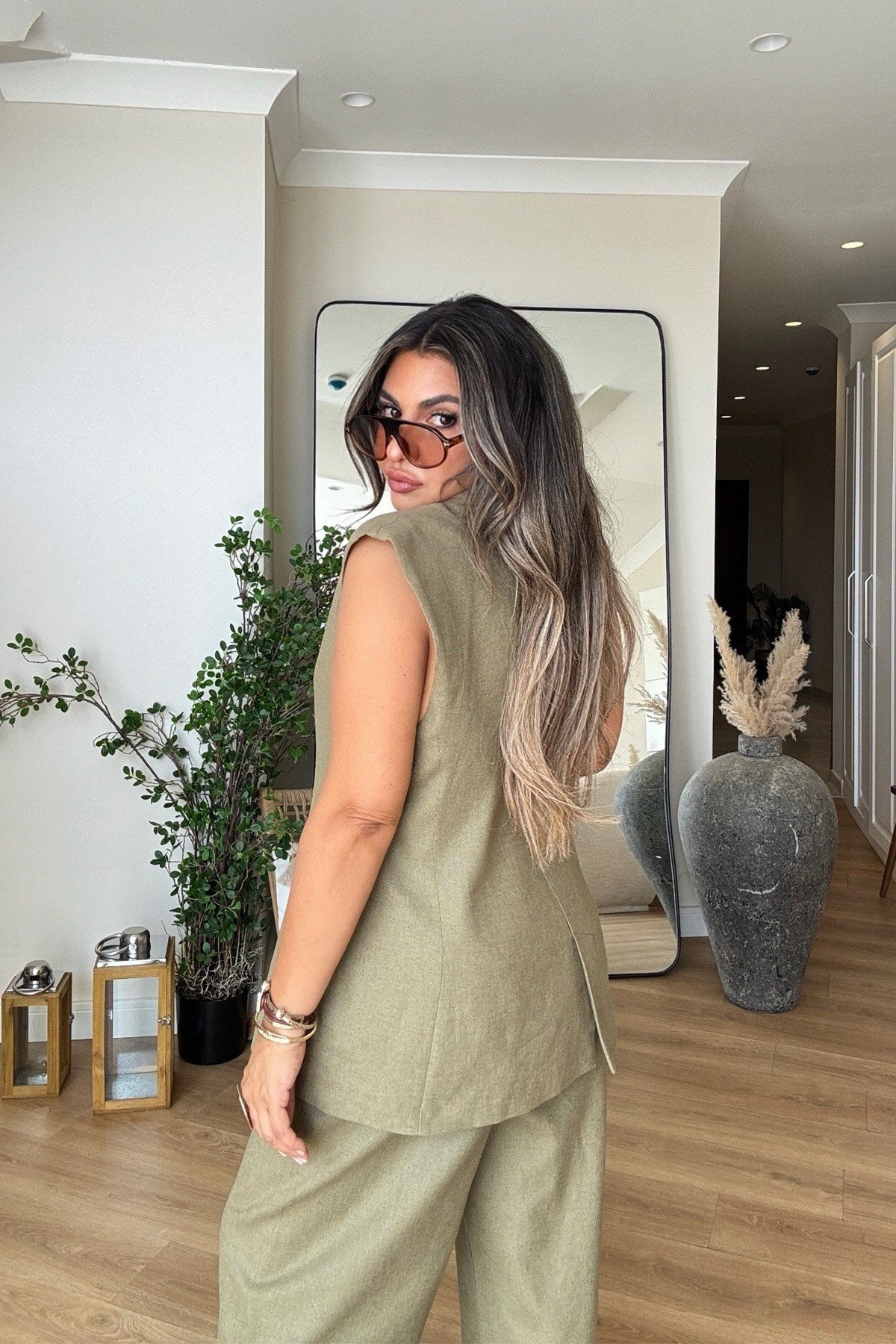 Keten Gold Düğmeli Blazer Yelekli Takım Haki