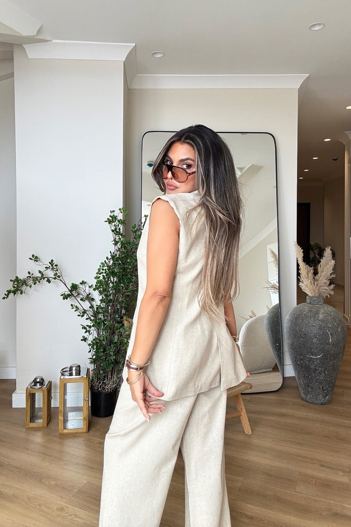 Keten Gold Düğmeli Blazer Yelekli Takım Taş