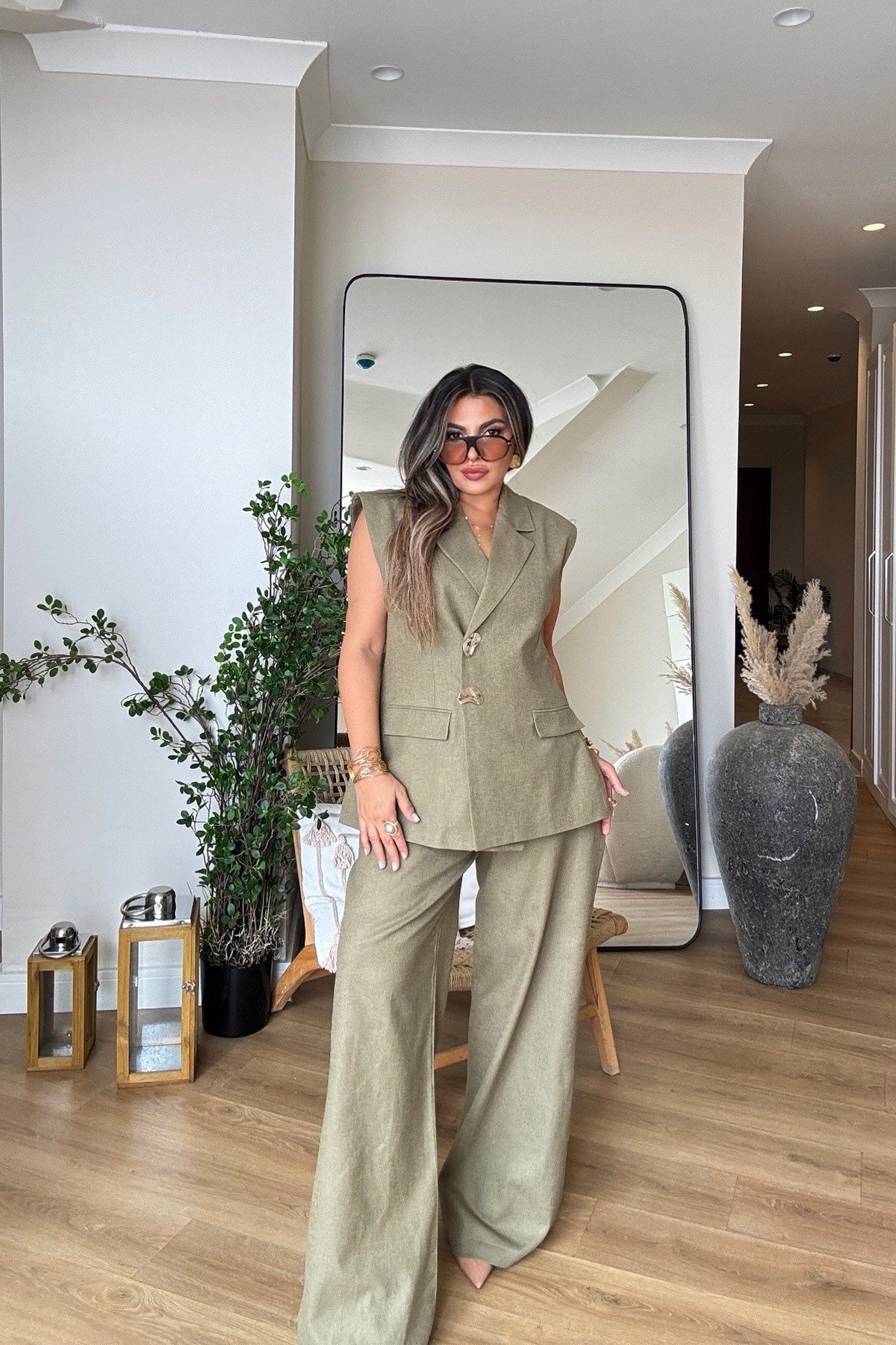 Keten Gold Düğmeli Blazer Yelekli Takım Haki