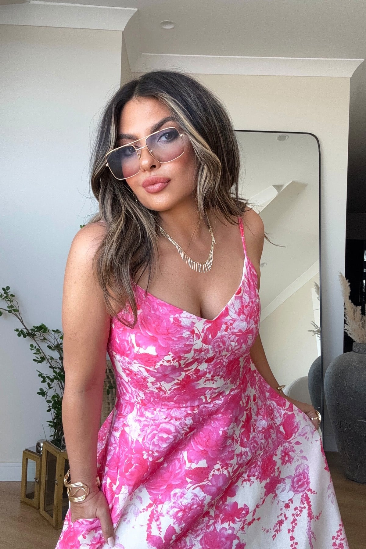 Keten İnce Askılı Çiçekli Elbise Pembe