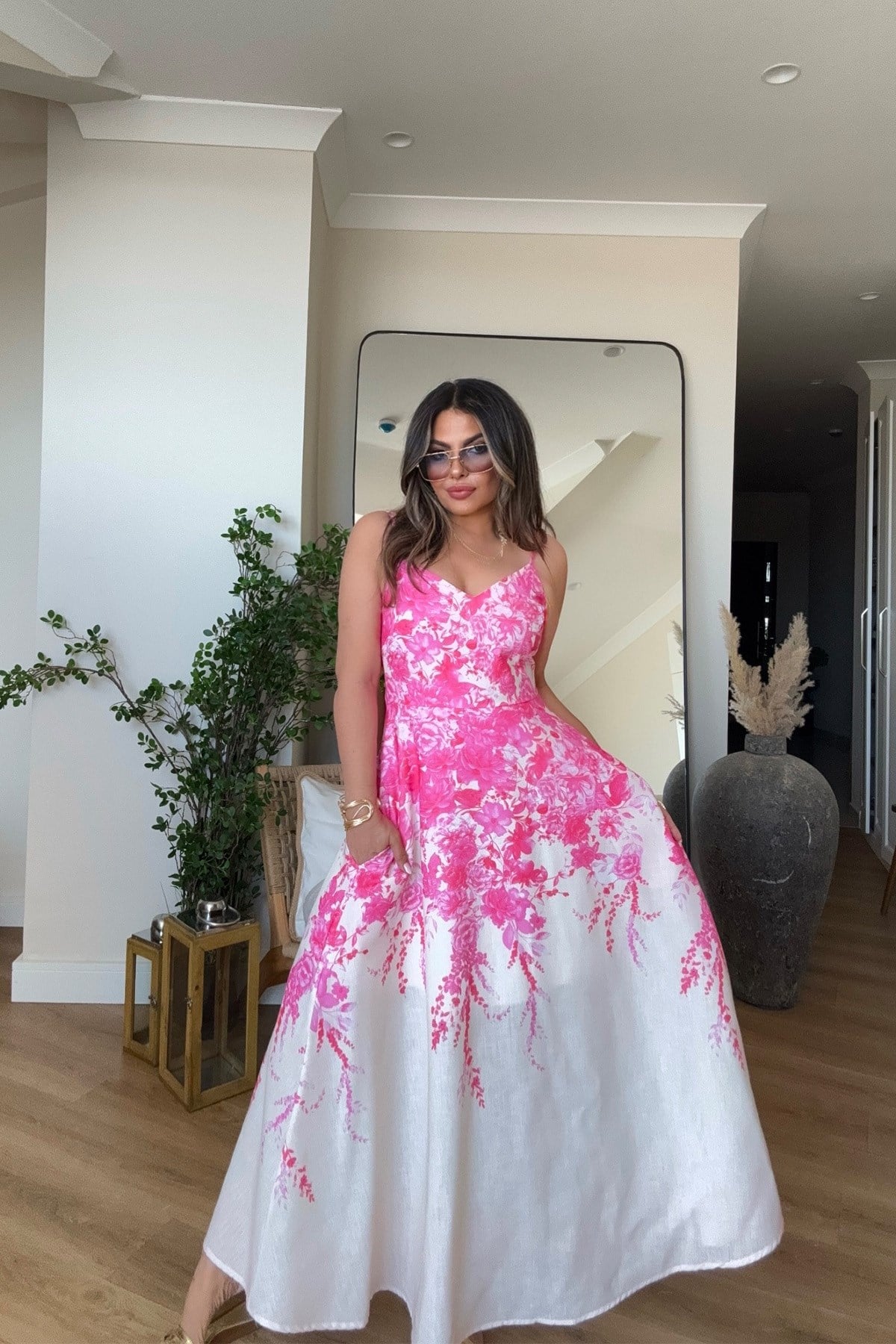 Keten İnce Askılı Çiçekli Elbise Pembe