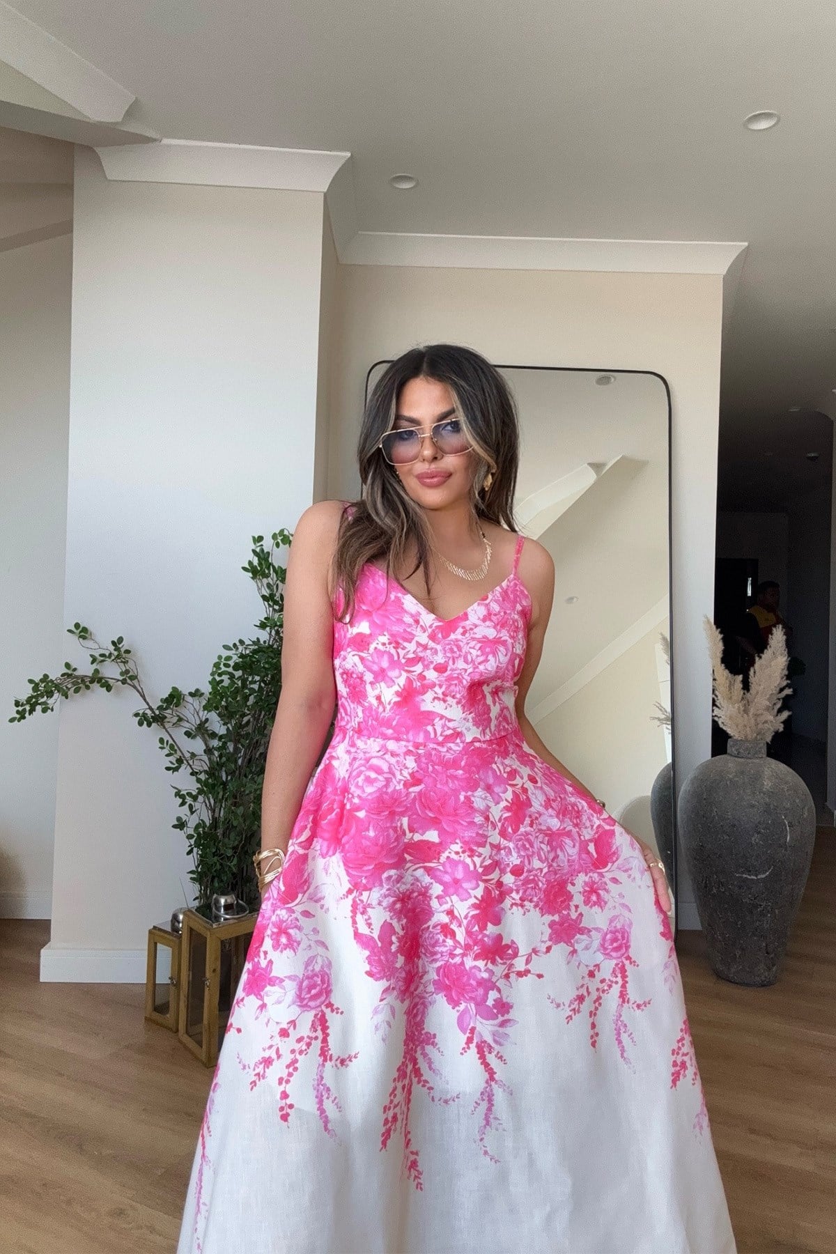 Keten İnce Askılı Çiçekli Elbise Pembe