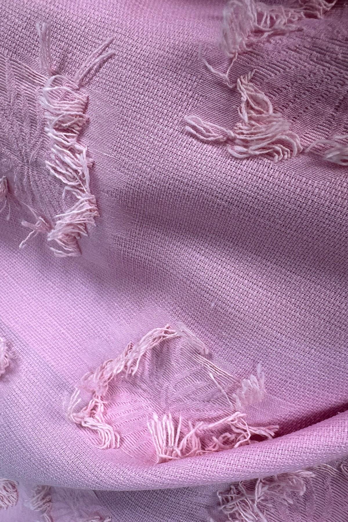Keten Kabartma Detay Askılı Elbise Pembe