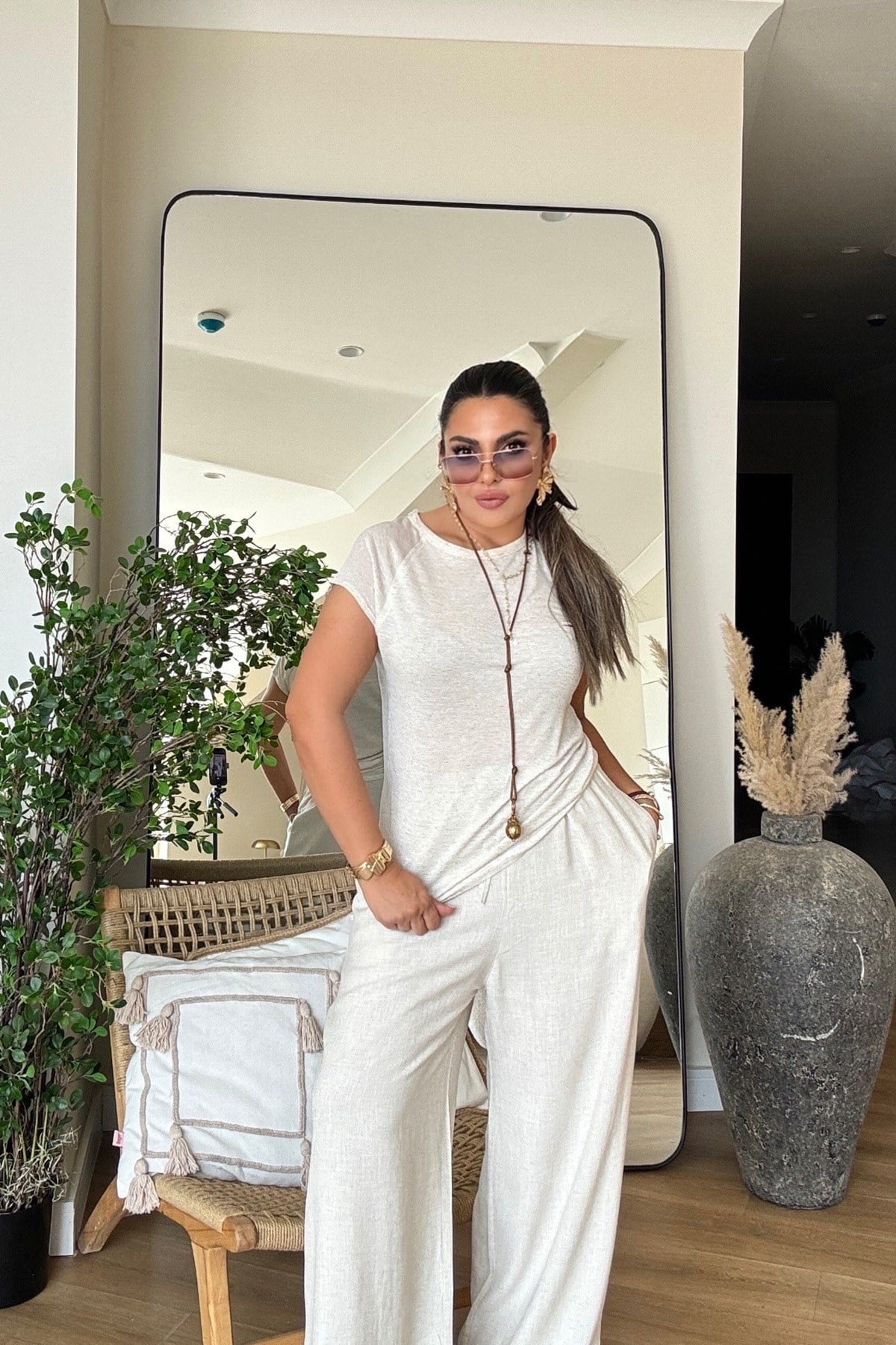 Keten Karışımlı Beli Lastikli Pantolon Taş