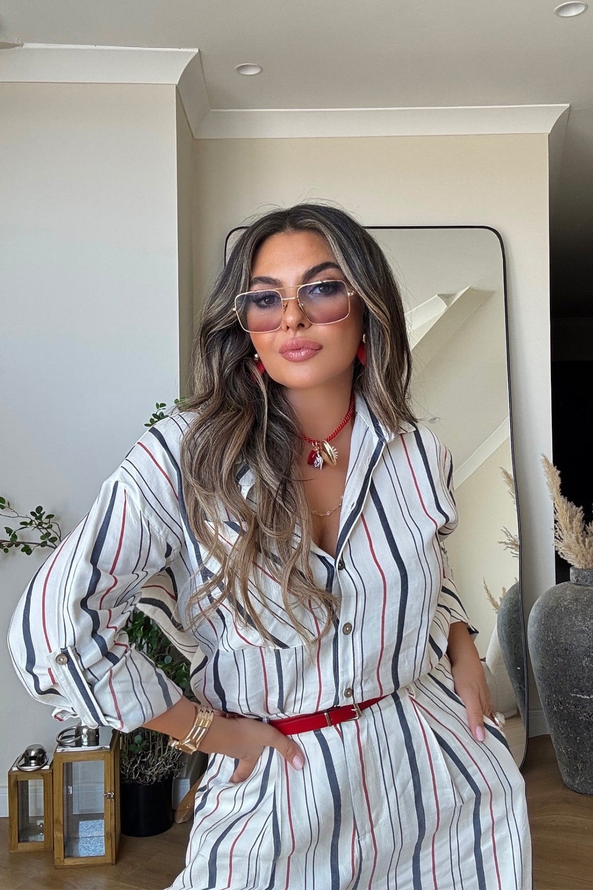Keten Karışımlı Çizgili Takım Ekru