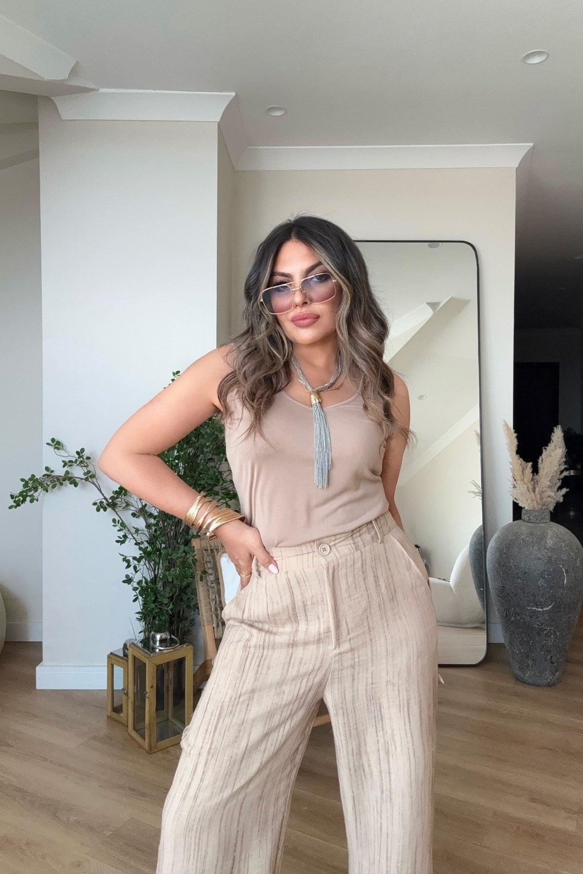 Keten Lastikli Paça Desenli Pantolon Camel
