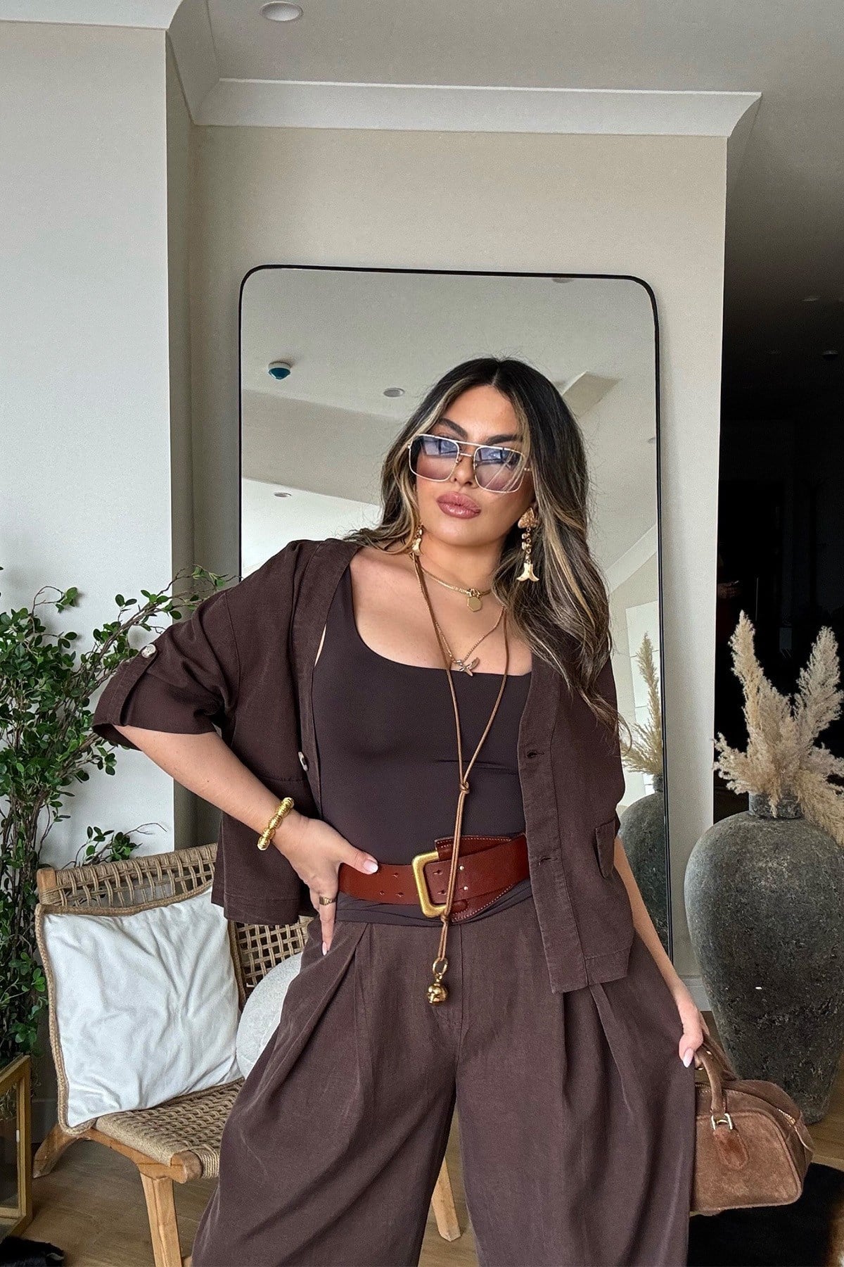 Keten Pamuk Kısa Kollu Takım Acı Kahve