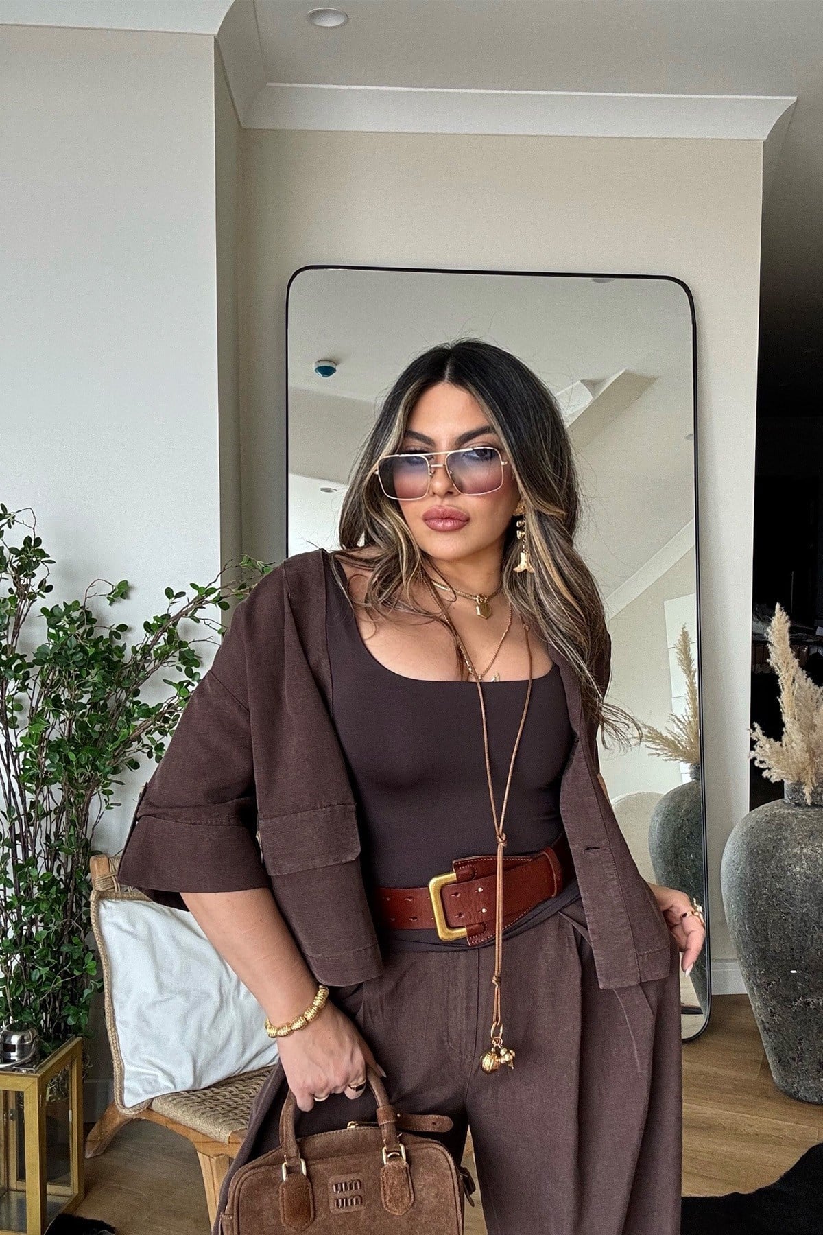 Keten Pamuk Kısa Kollu Takım Acı Kahve
