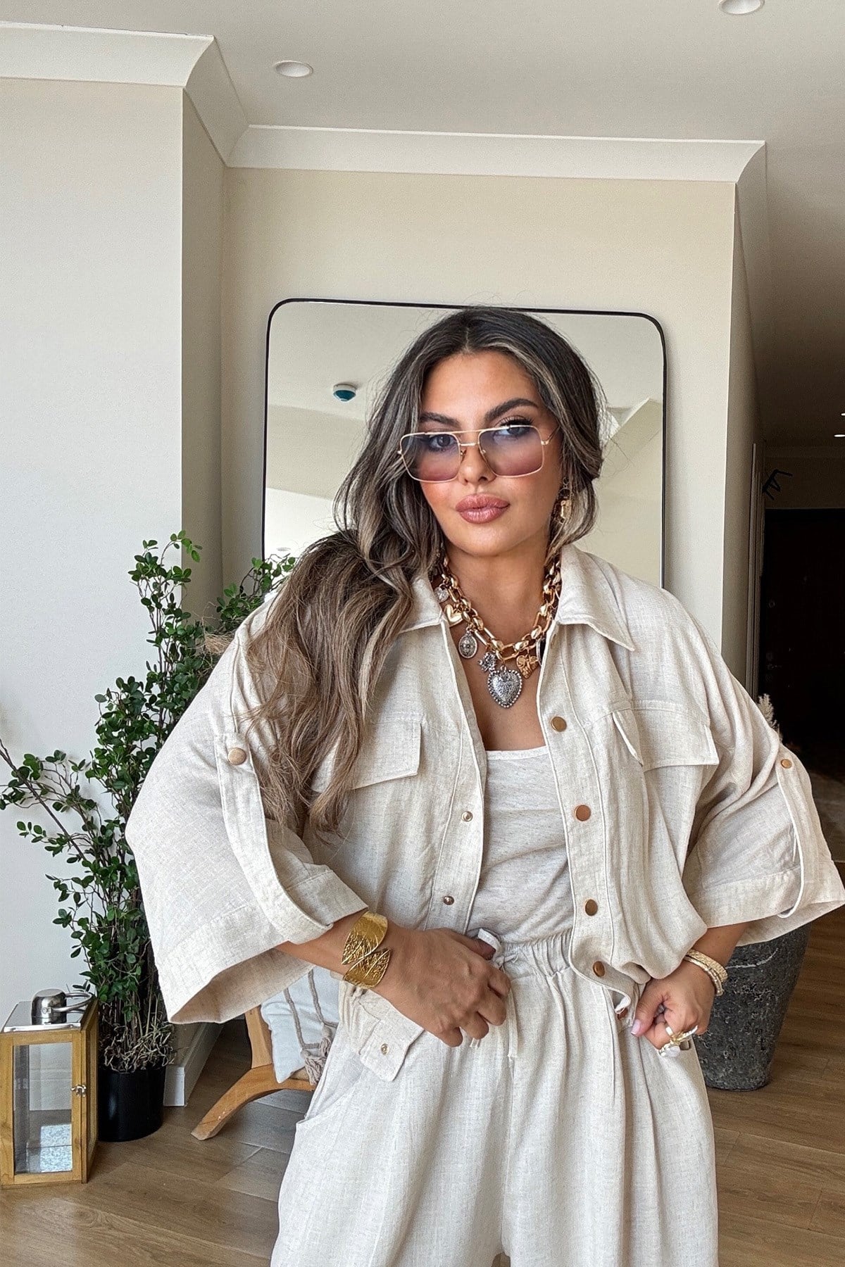 Keten Pamuk Yarım Kol Lastikli Ceket Taş