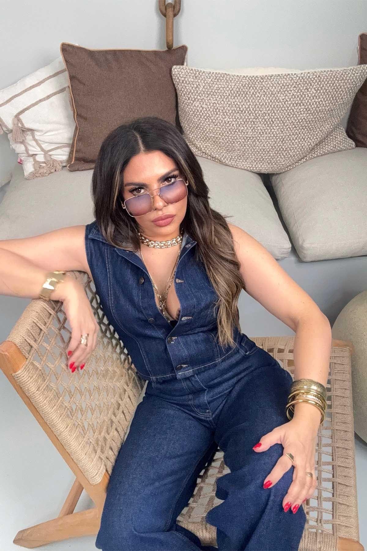 Kısa Jean Yelek Lacivert