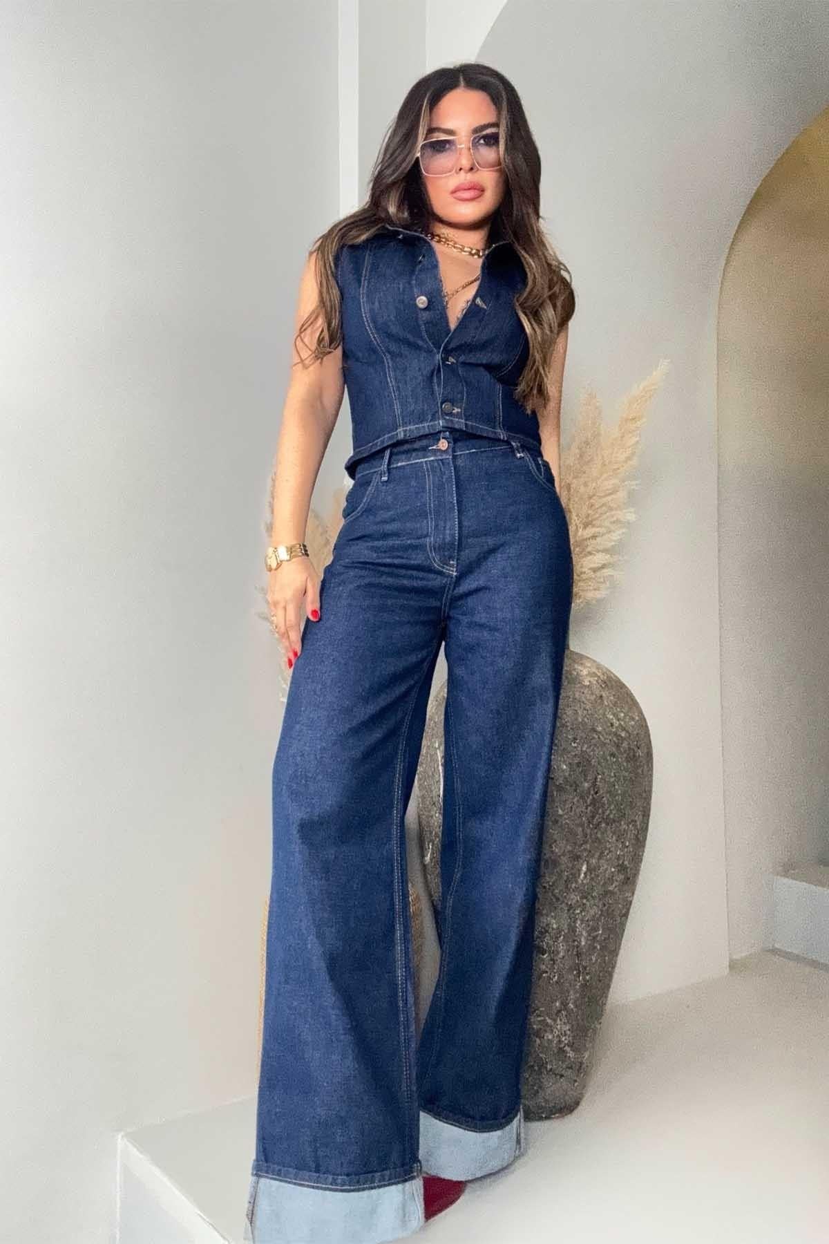 Kısa Jean Yelek Lacivert