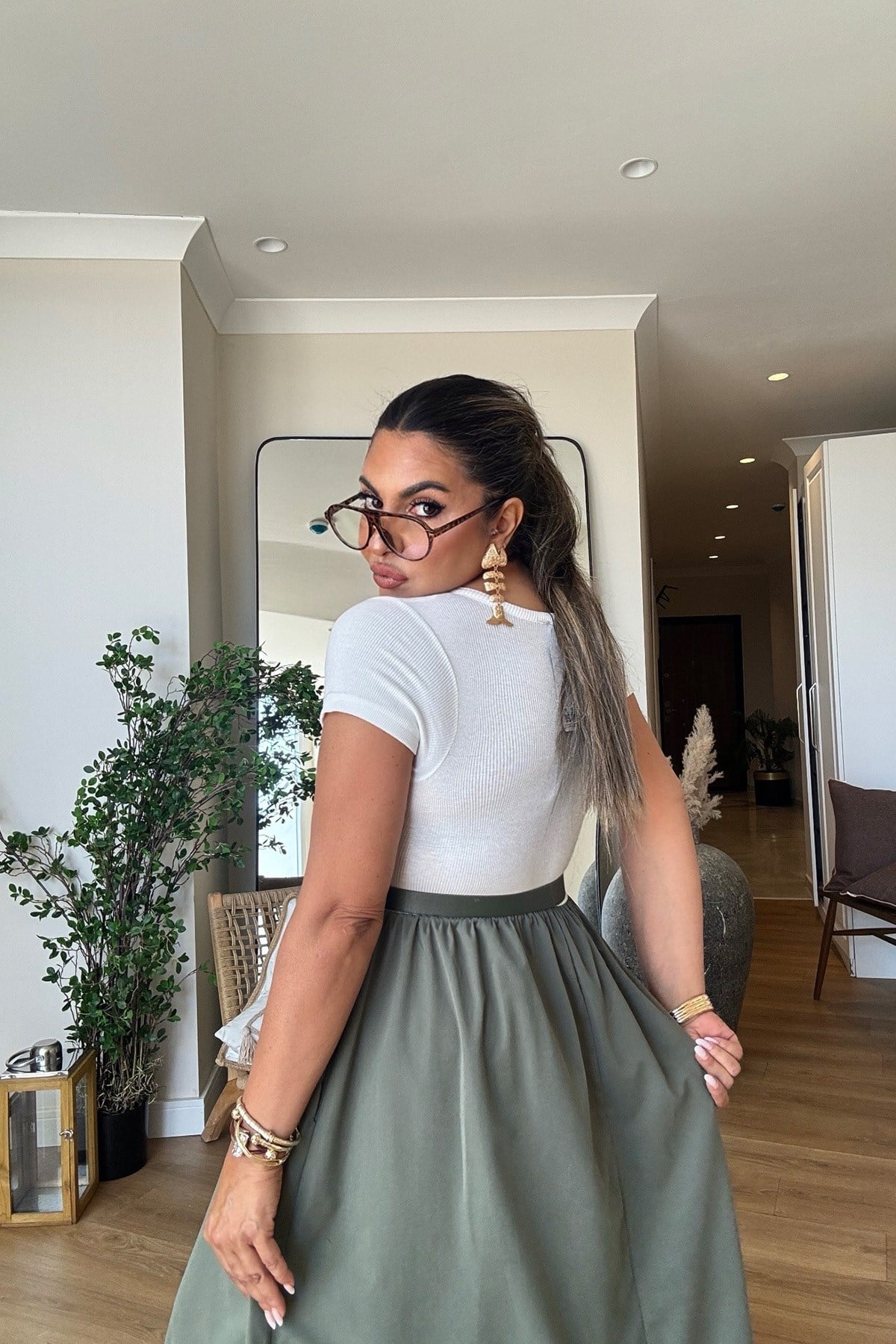 Kısa Kollu Kaşkorse Garnili Soft Touch Elbise Haki