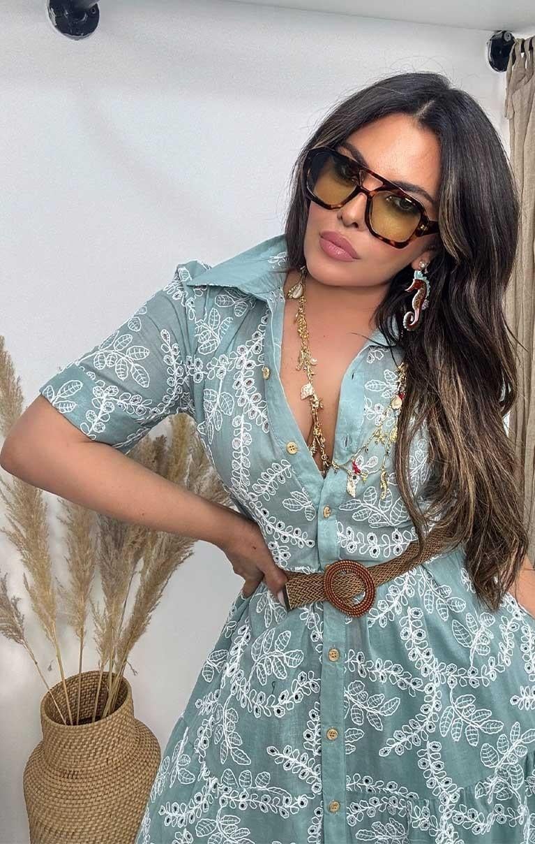 Kısa Kollu Kemerli Pamuk Fisto Gömlek Elbise Mint-Beyaz