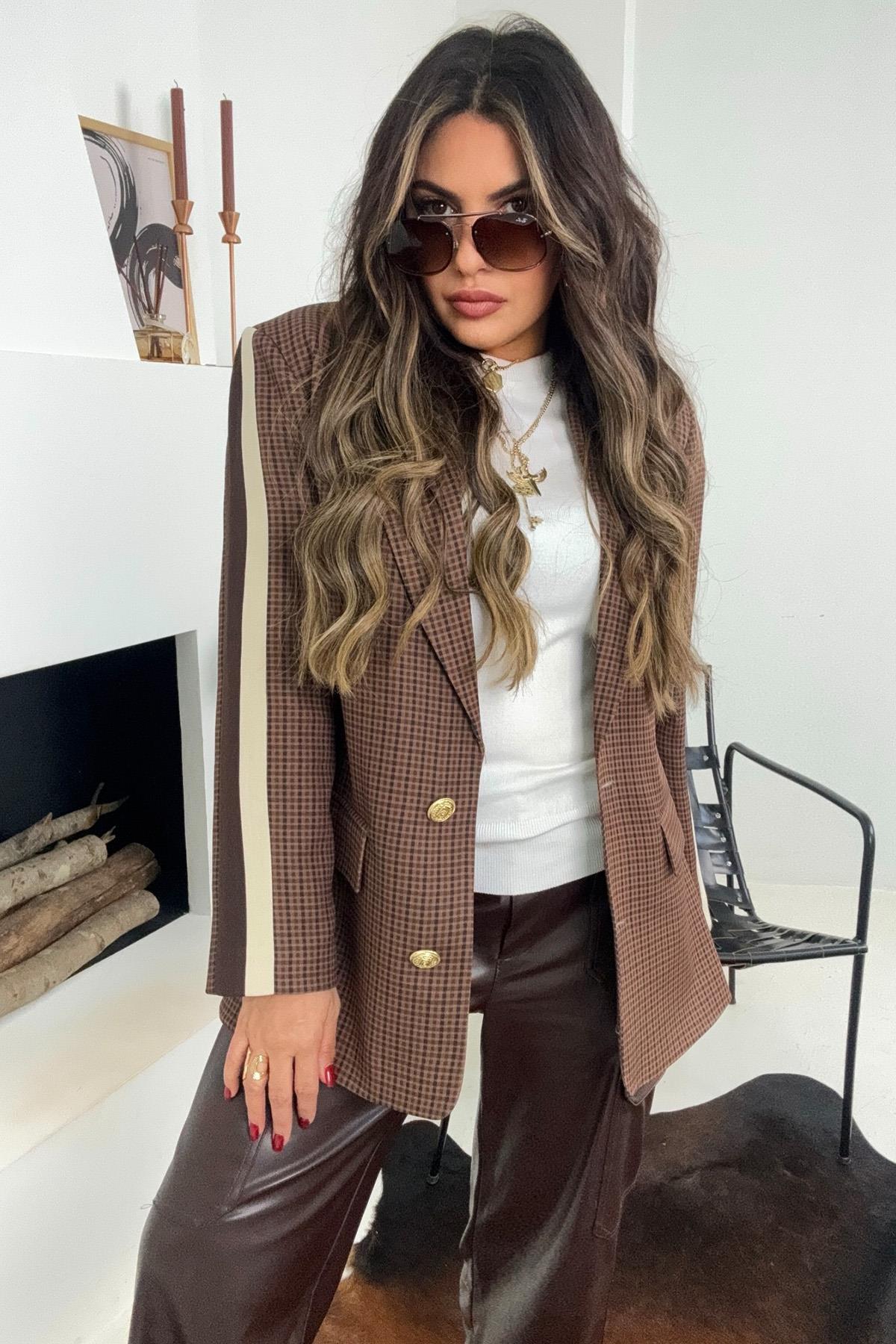 Kol Şeritli Ekose Blazer Ceket Acı Kahve