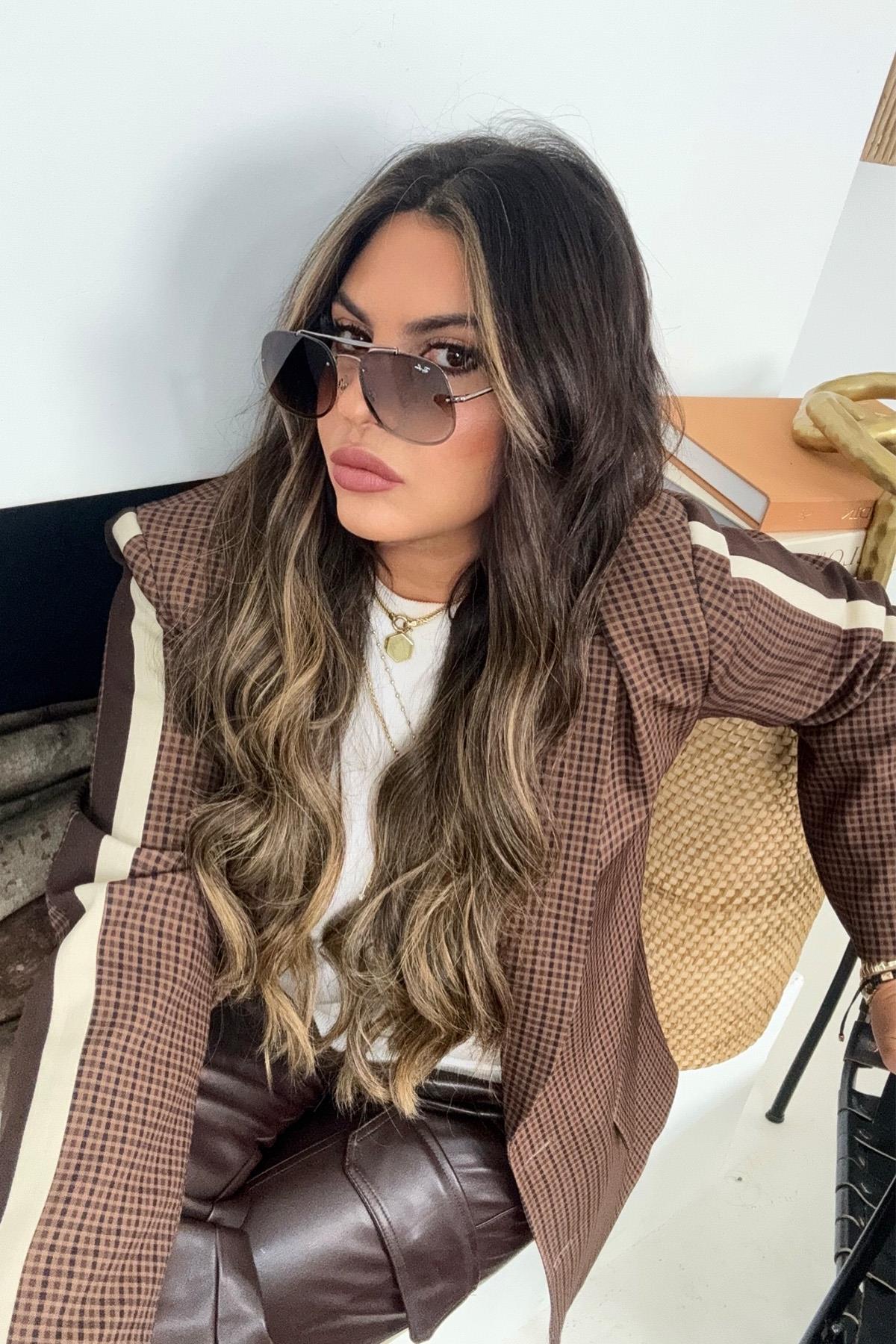 Kol Şeritli Ekose Blazer Ceket Acı Kahve