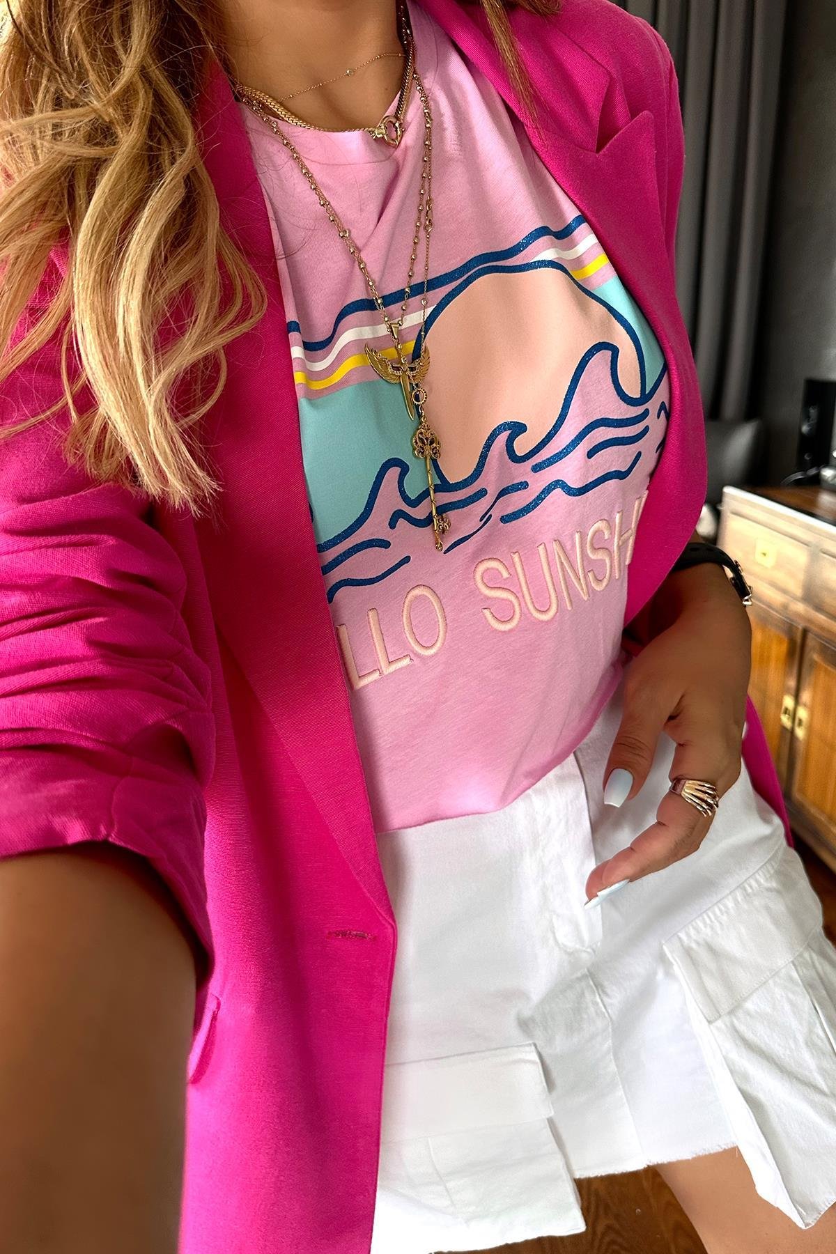 Kolsuz Hello Sunshine Tshirt Pembe