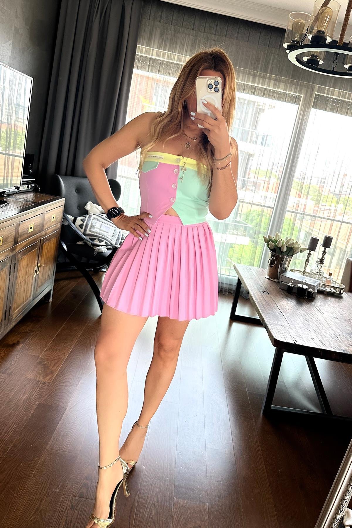 Kontrast Renkli Büstiyer Pembe-Mint