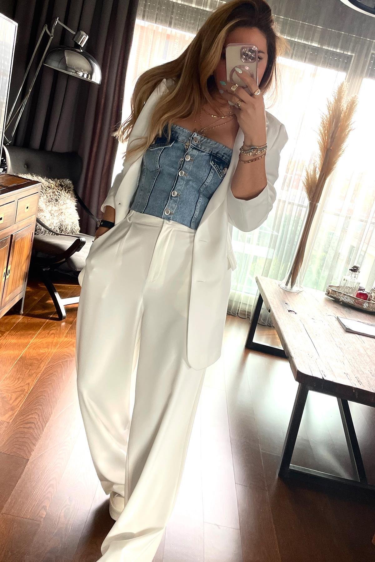 Krep Kumaş Blazer Ceket Ekru