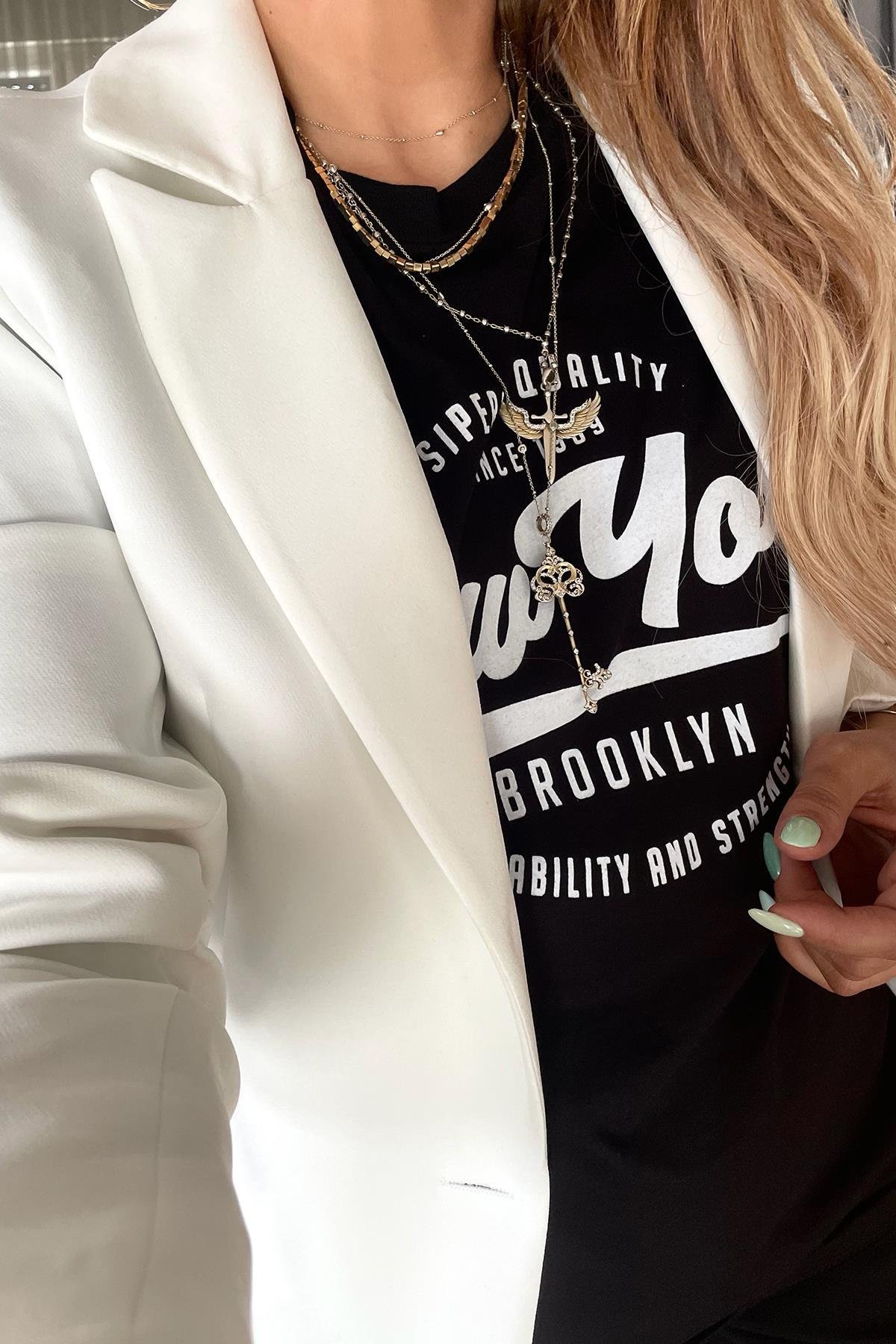 Krep Kumaş Blazer Ceket Ekru