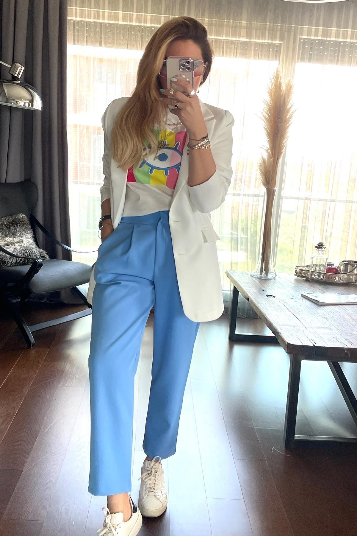 Krep Kumaş Blazer Ceket Ekru