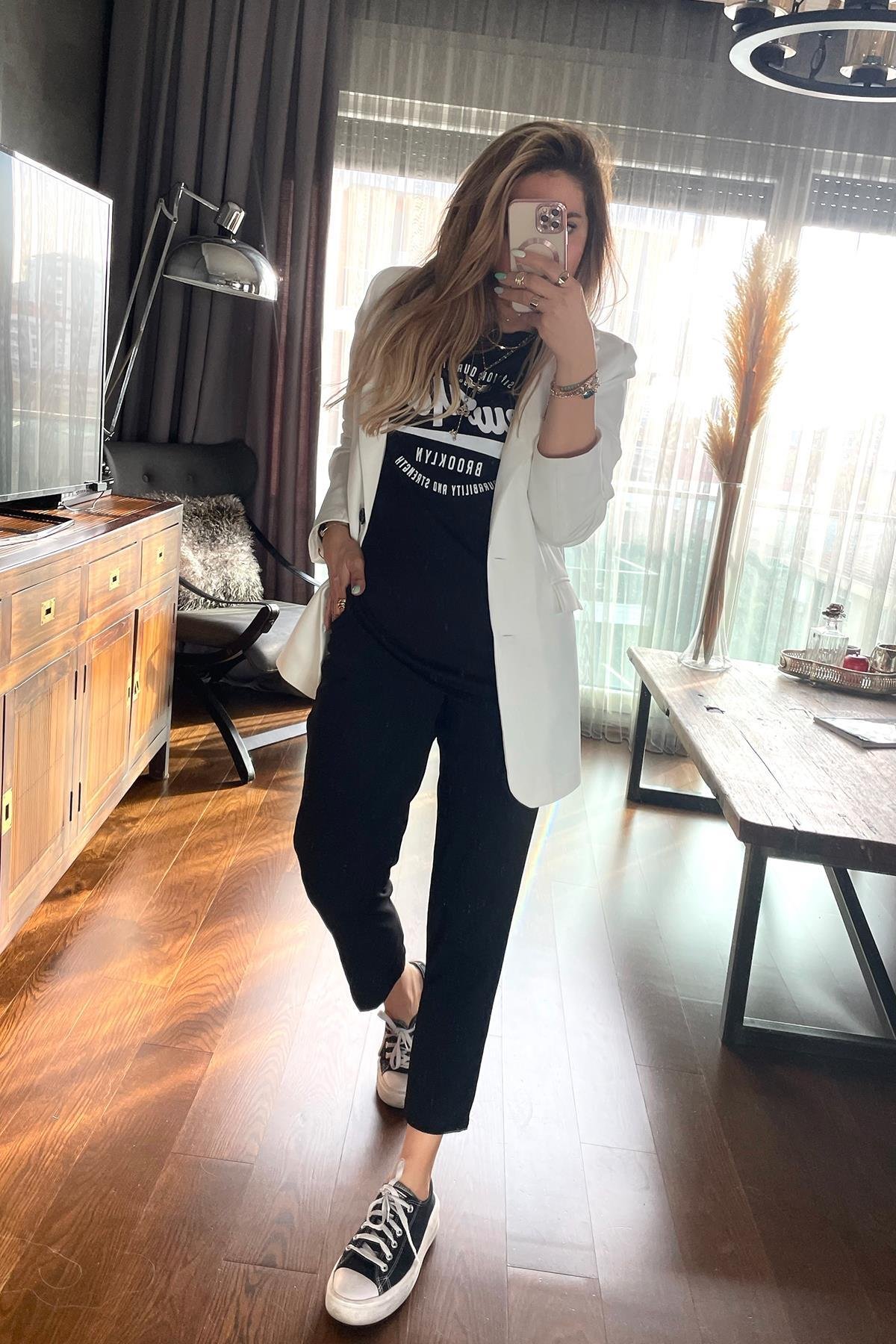 Krep Kumaş Blazer Ceket Ekru