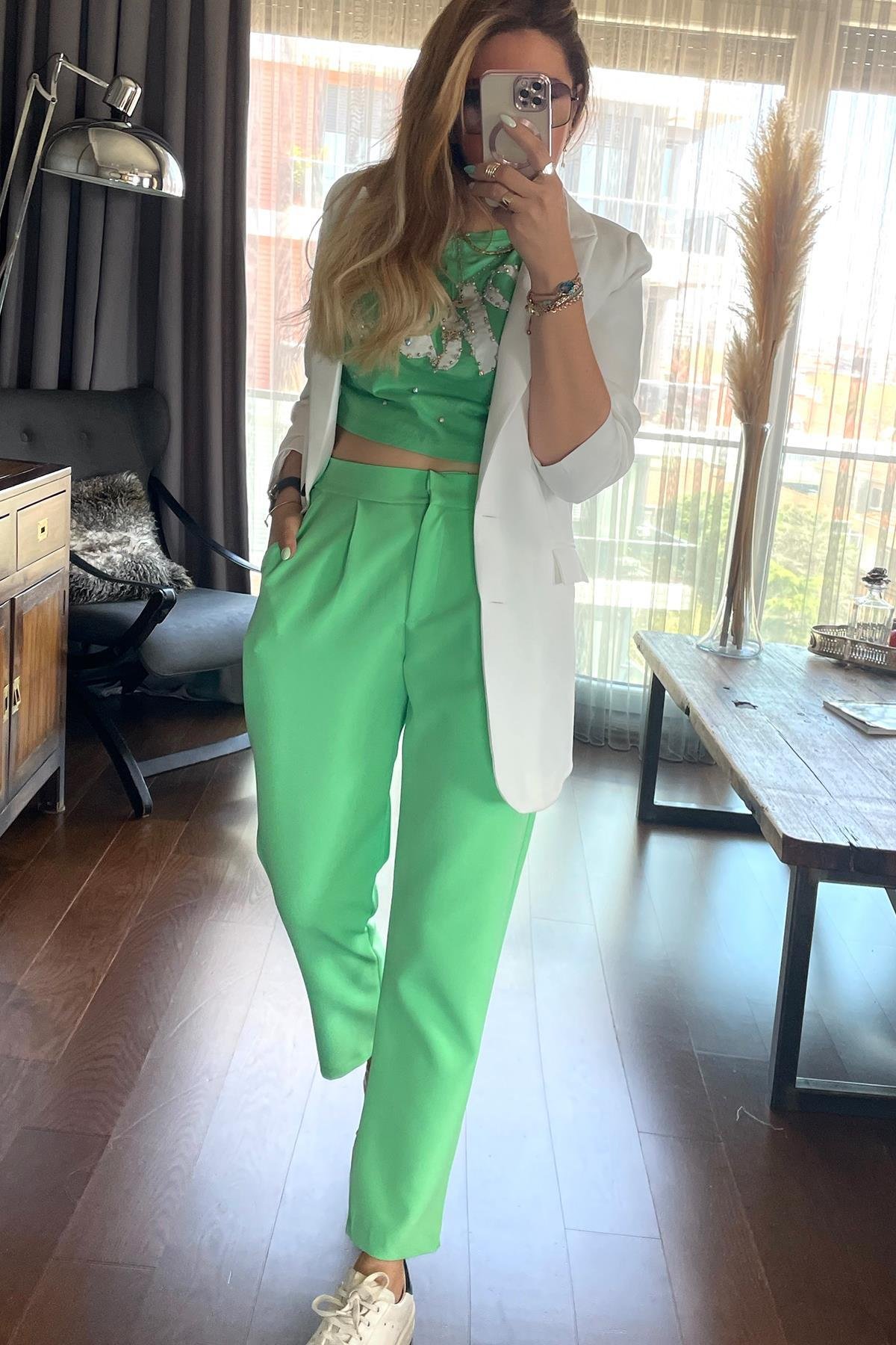 Krep Kumaş Blazer Ceket Ekru