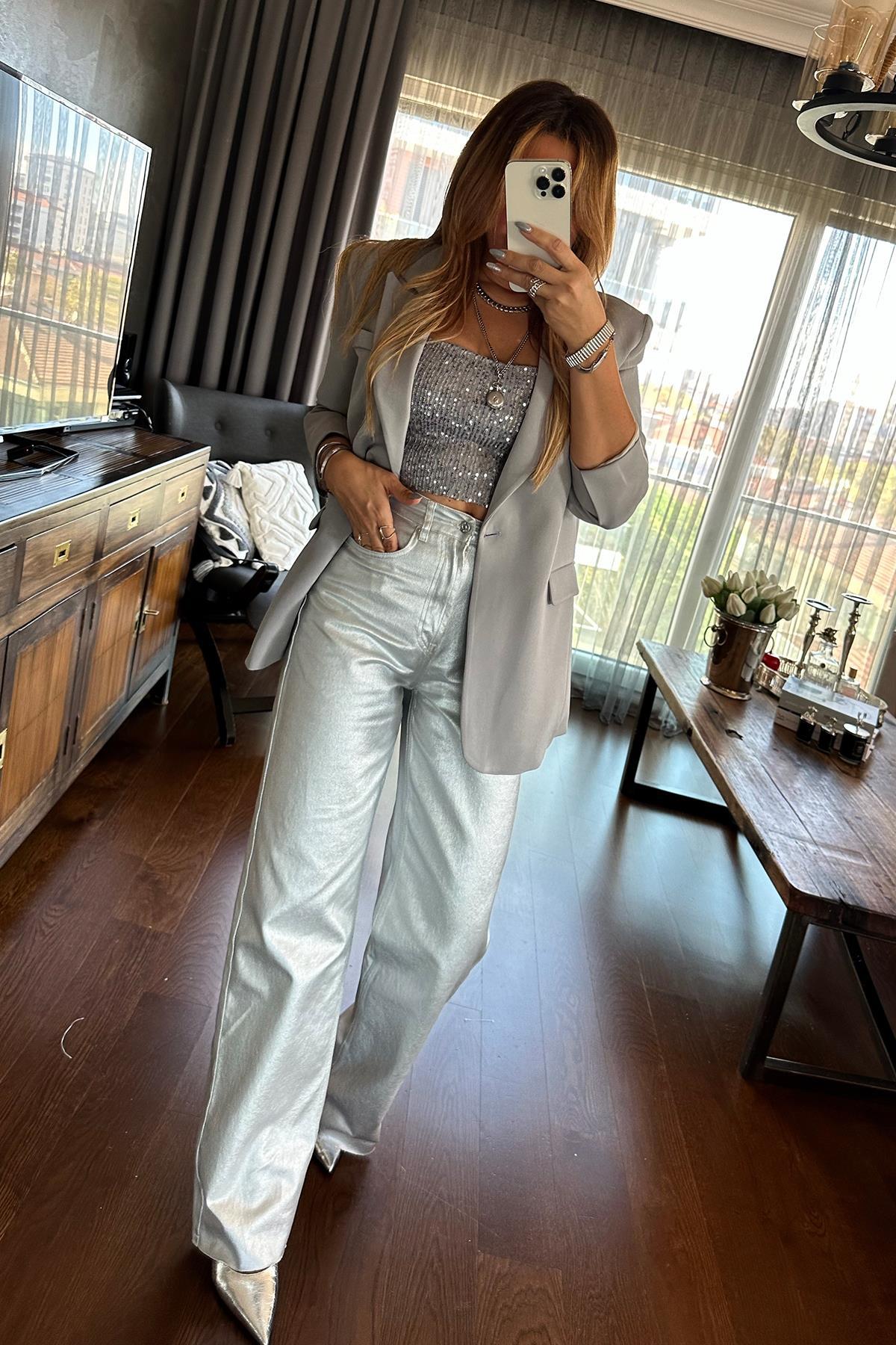 Krep Kumaş Blazer Ceket Gri