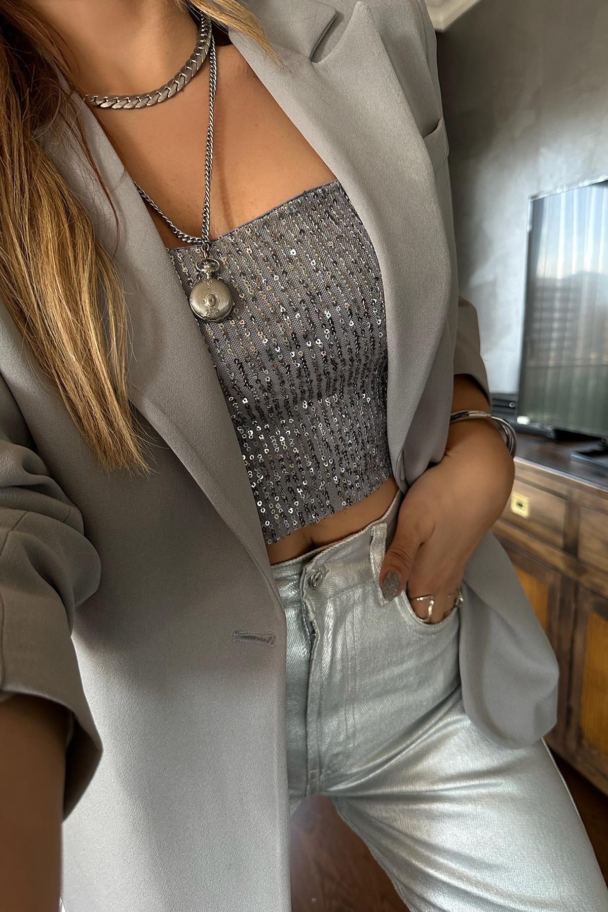 Krep Kumaş Blazer Ceket Gri