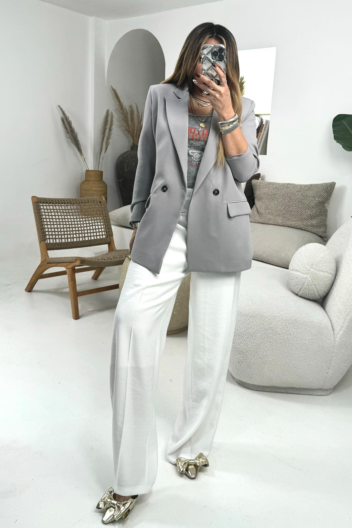 Krep Kumaş Blazer Ceket Gri