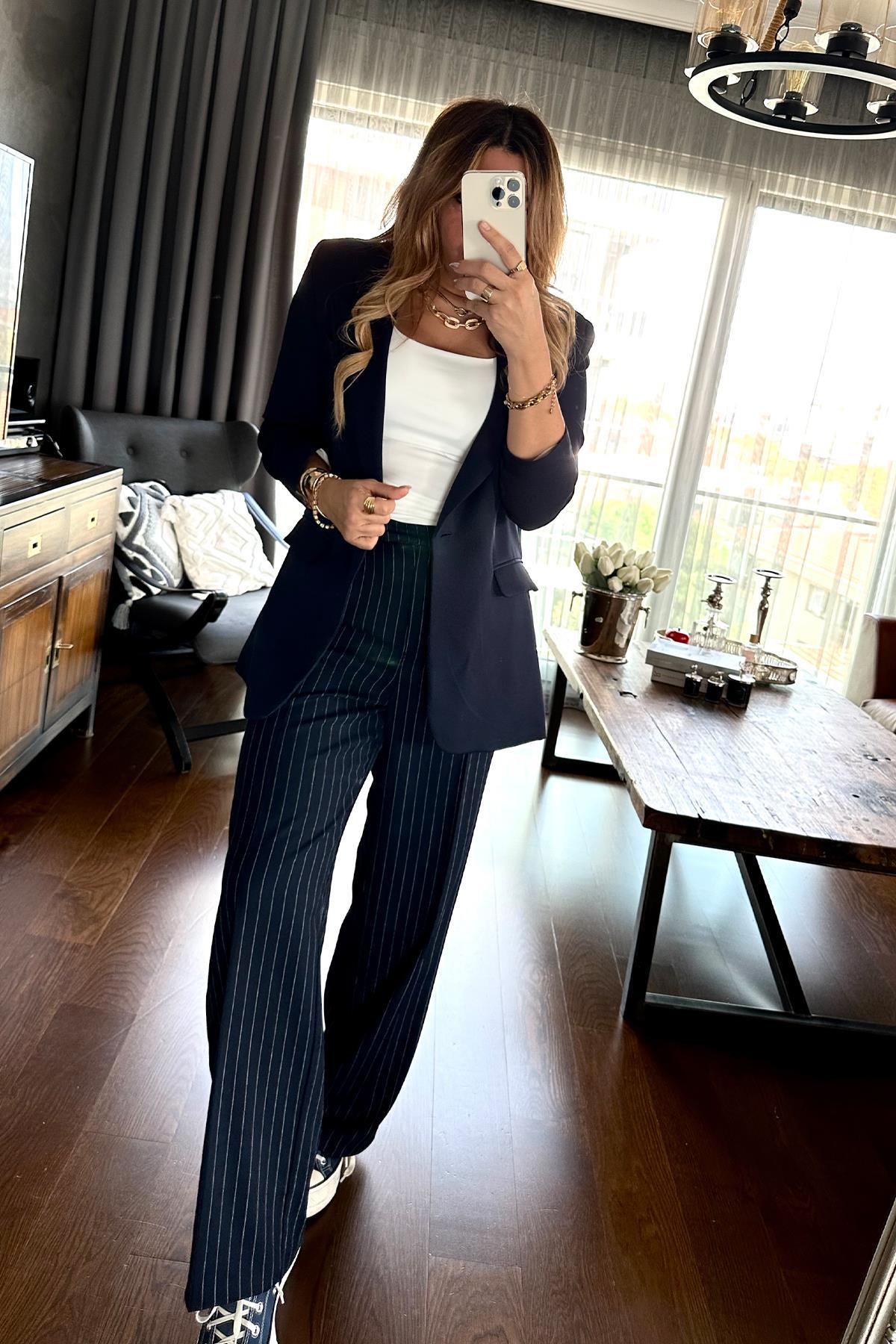 Krep Kumaş Blazer Ceket Lacivert
