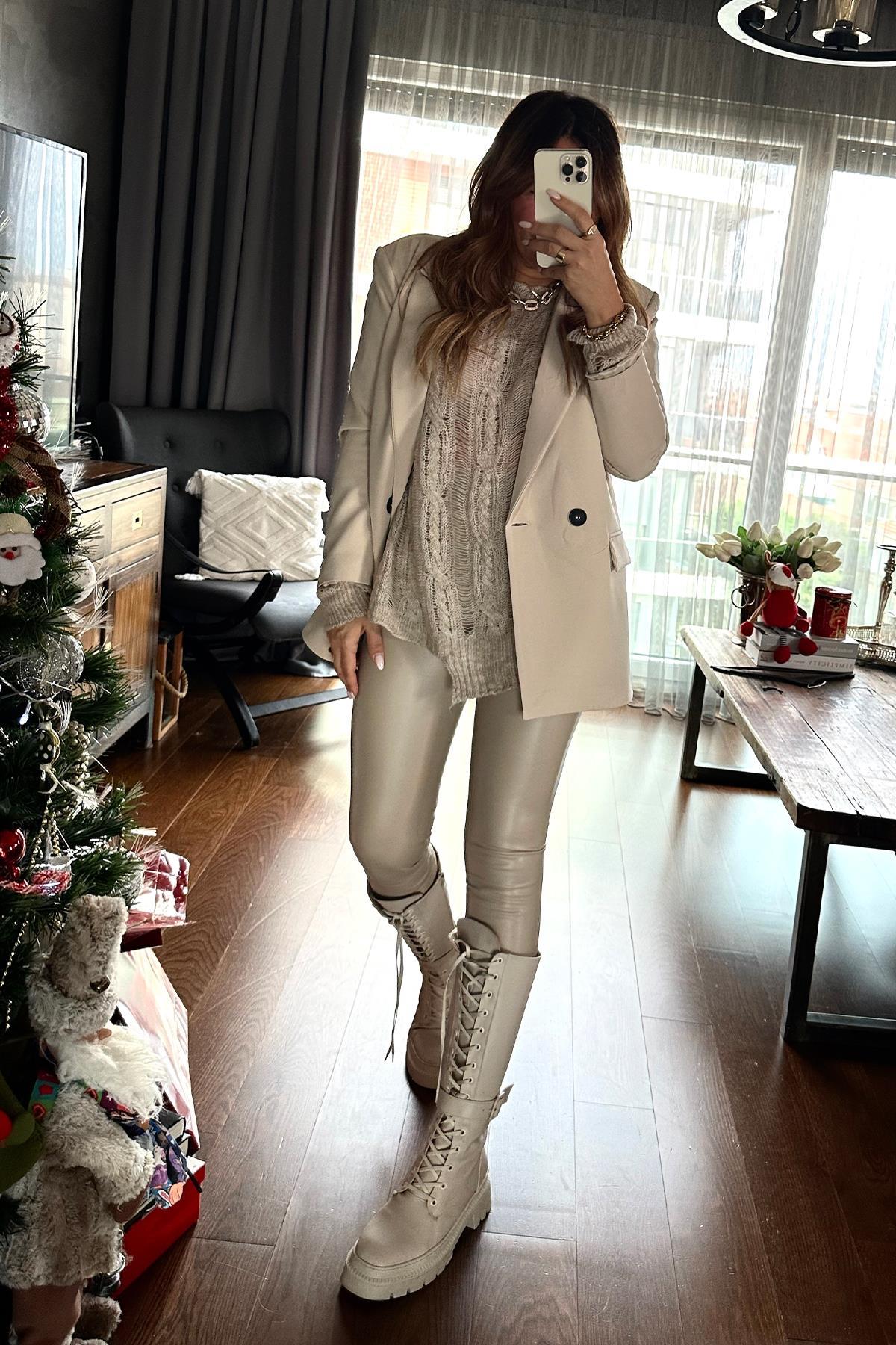 Krep Kumaş İki Düğmeli Blazer Ceket Taş