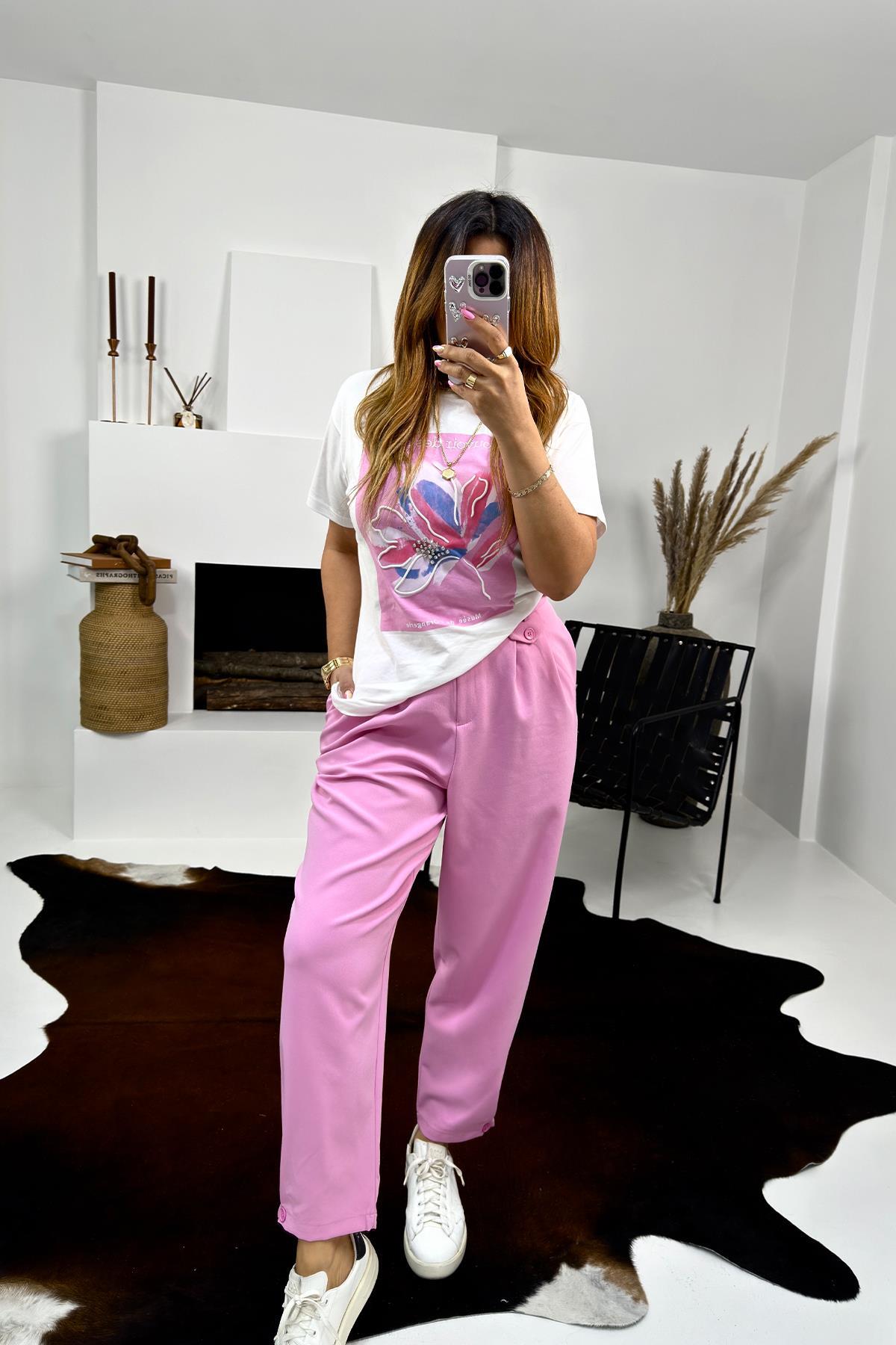 Krep Kumaş Paça Düğmeli Pantolon Pembe