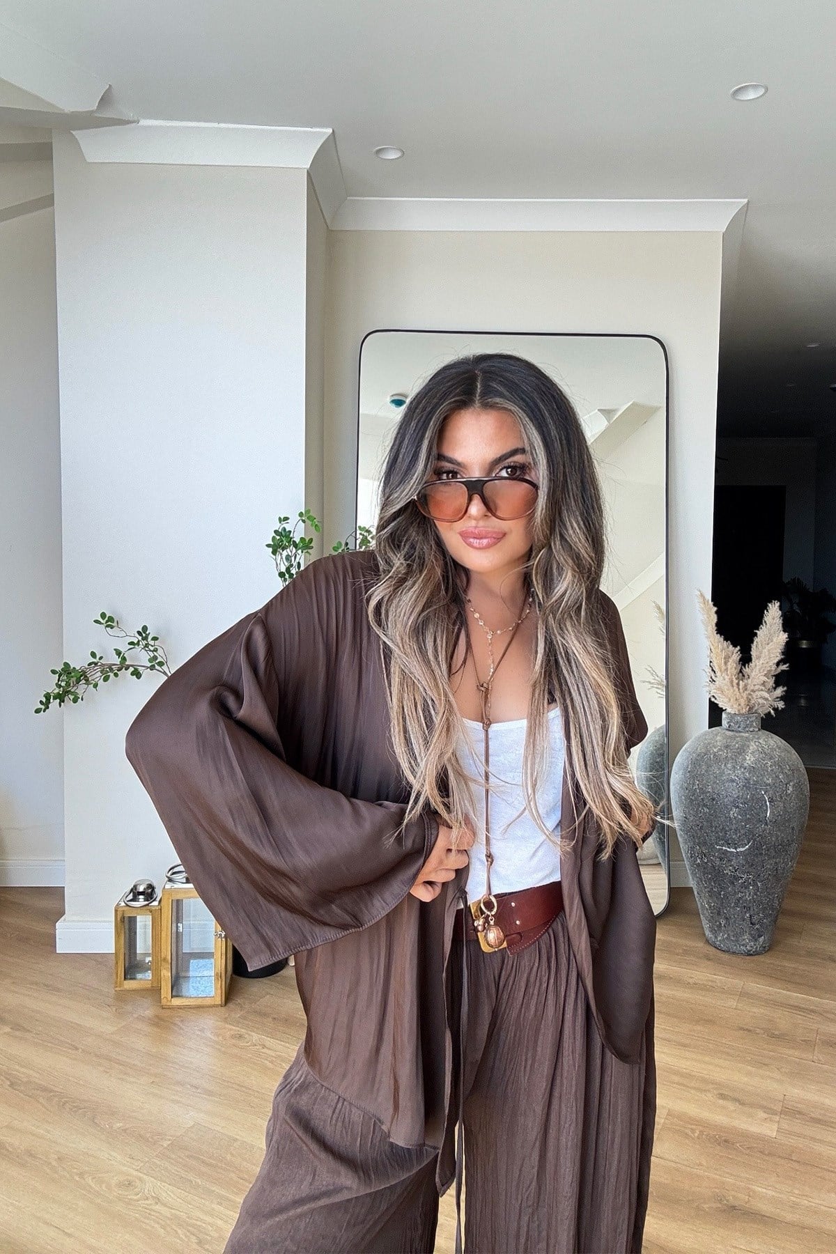 Kruvaze Bağlamalı Mat Saten Bluz Acı Kahve