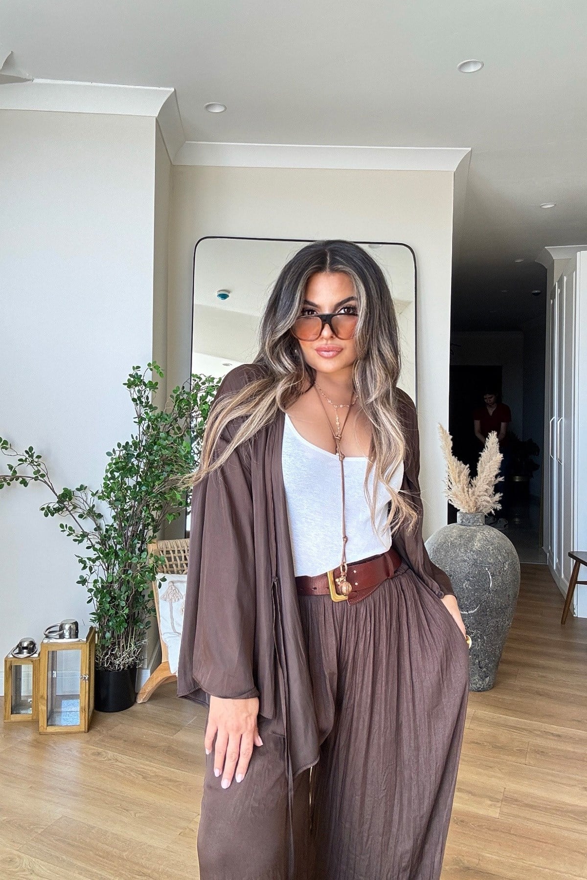 Kruvaze Bağlamalı Mat Saten Bluz Acı Kahve