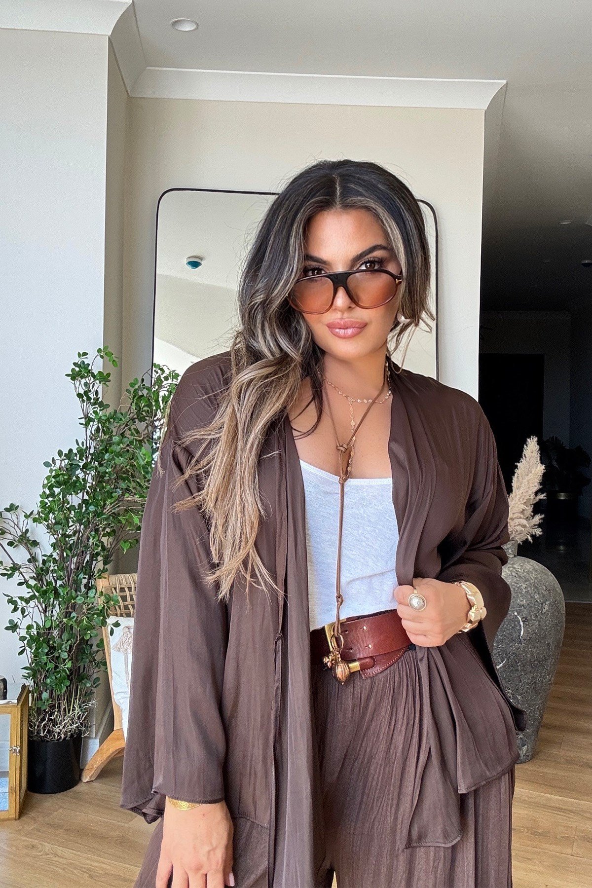 Kruvaze Bağlamalı Mat Saten Bluz Acı Kahve