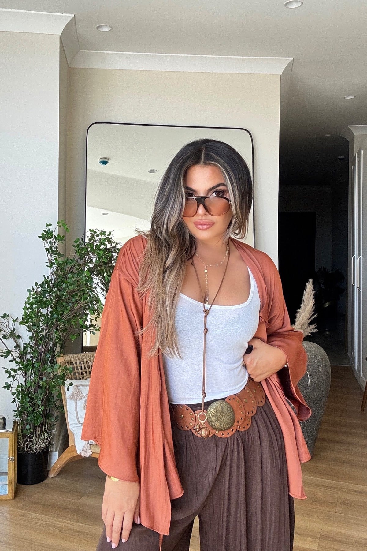 Kruvaze Bağlamalı Mat Saten Bluz Kiremit