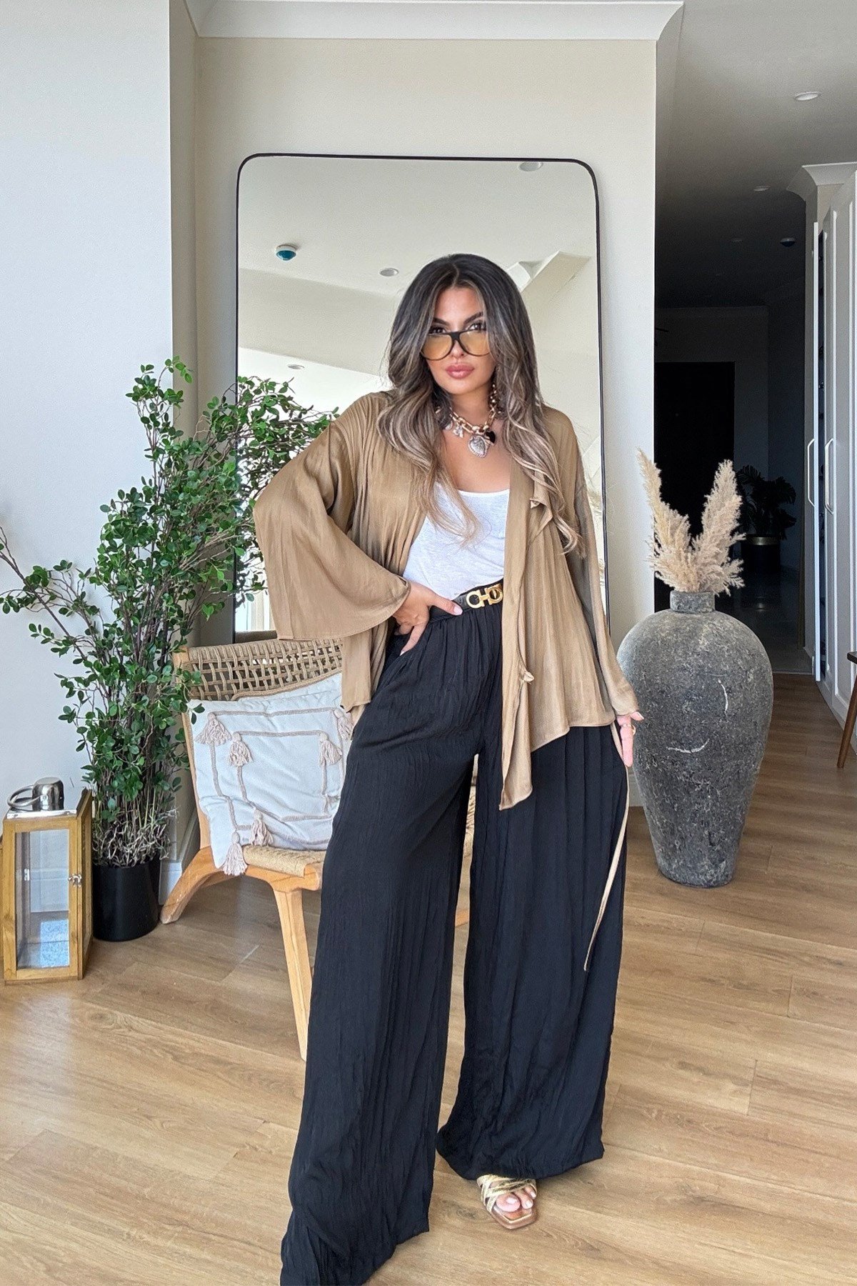 Kruvaze Bağlamalı Mat Saten Bluz Mocha Mousse