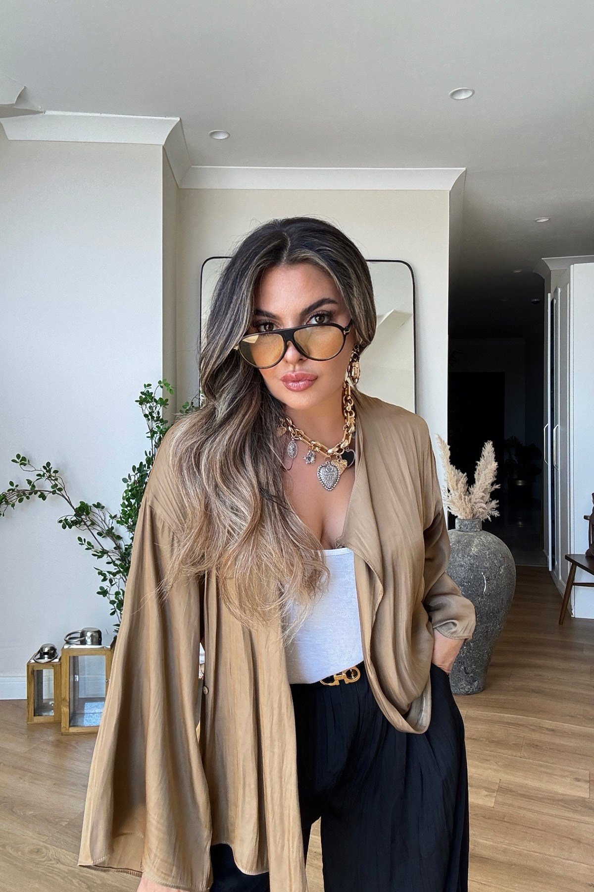 Kruvaze Bağlamalı Mat Saten Bluz Mocha Mousse