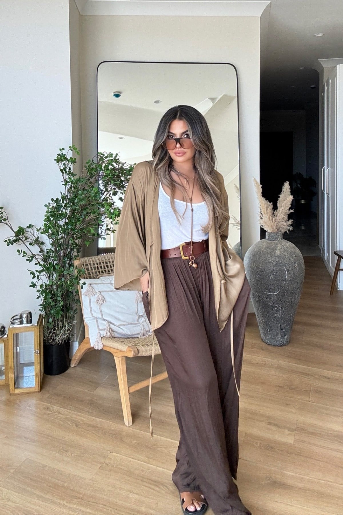 Kruvaze Bağlamalı Mat Saten Bluz Mocha Mousse